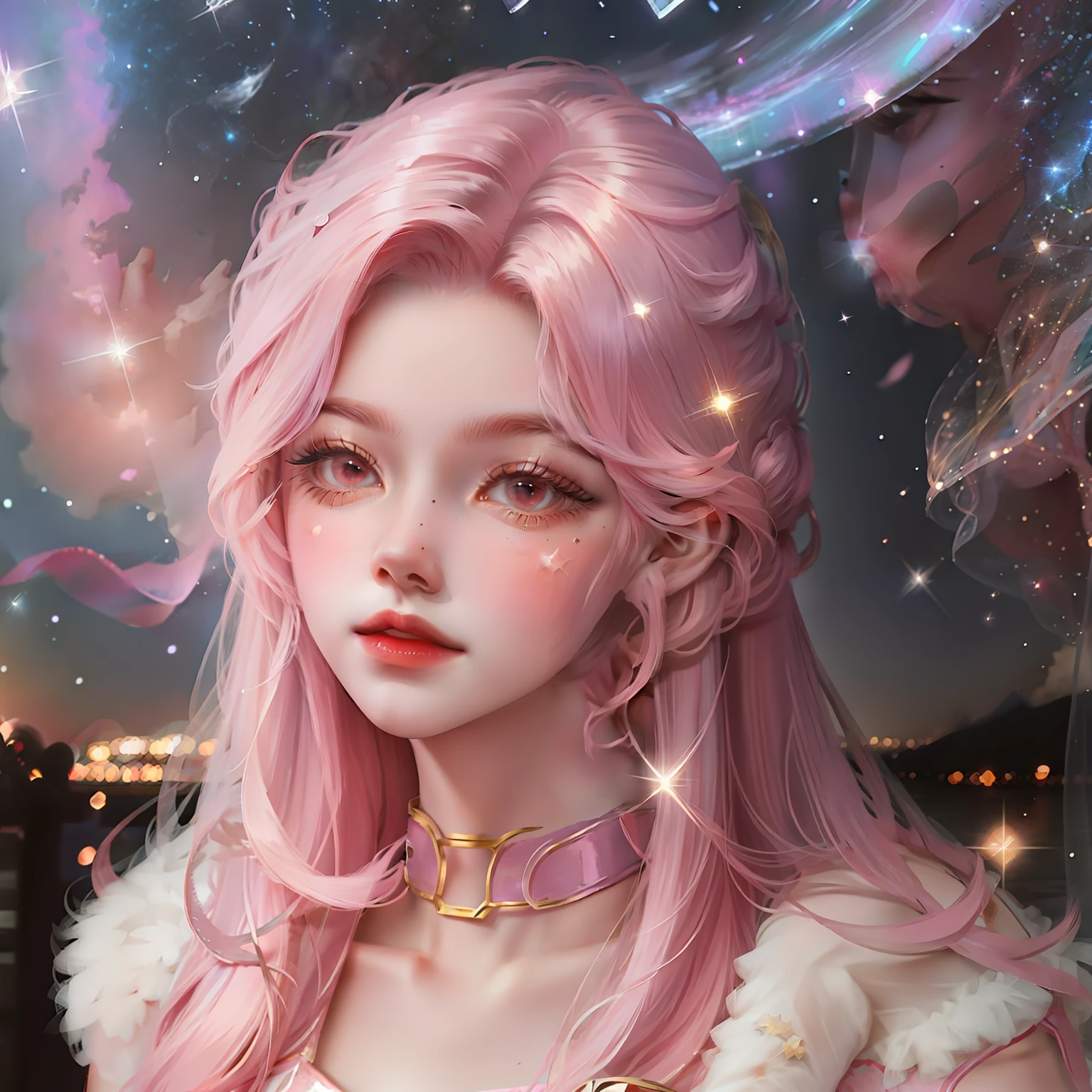 Girl pink hair,background starry sky,The stars twinkle
