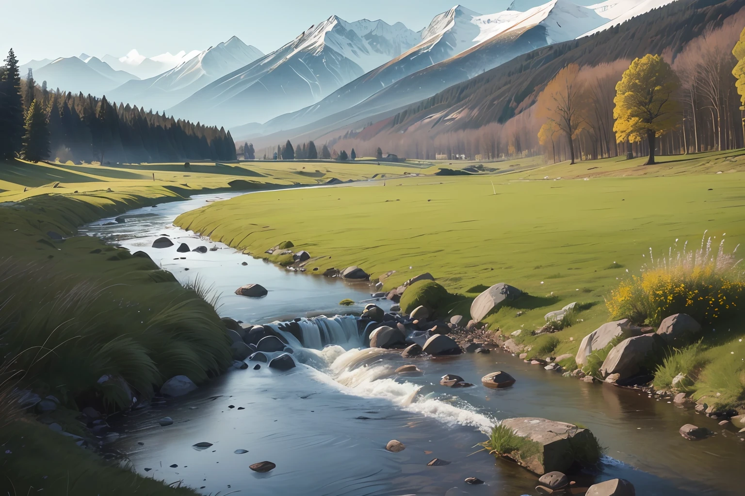 a closeup landscape of meadows in foreground, a babbling brook flowing horizontally in background