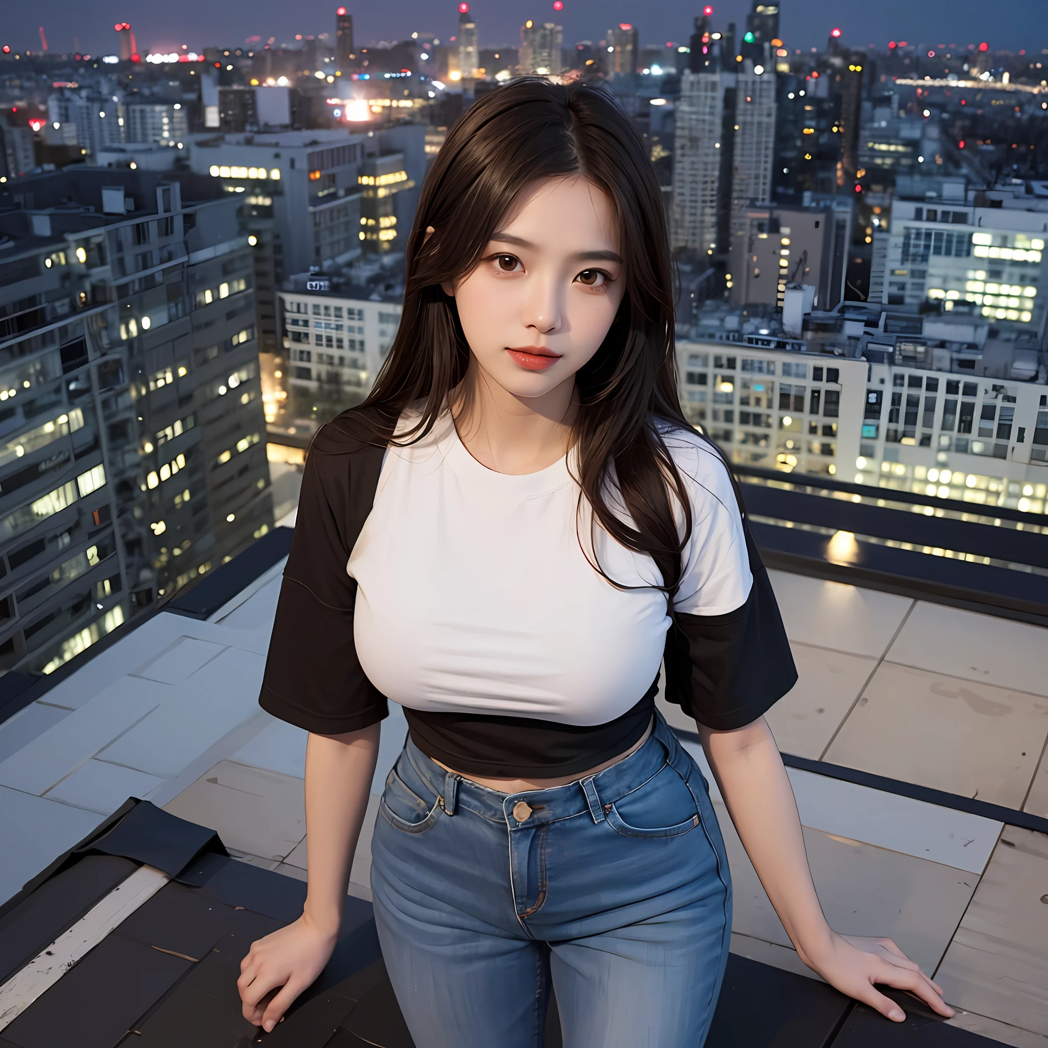 ((Midnight, Best quality, 8k, Masterpiece :1.3)), Whole body, Long legs, Sharp focus :1.2, A pretty woman with perfect figure :1.4, Slender abs :1.1, ((Dark brown hair, Big breasts :1.2)), (White tight tshirt, Jean bib, Standing:1.2), ((Night city view, Rooftop:1.3)), Highly detailed face and skin texture, Detailed eyes, Double eyelid --auto