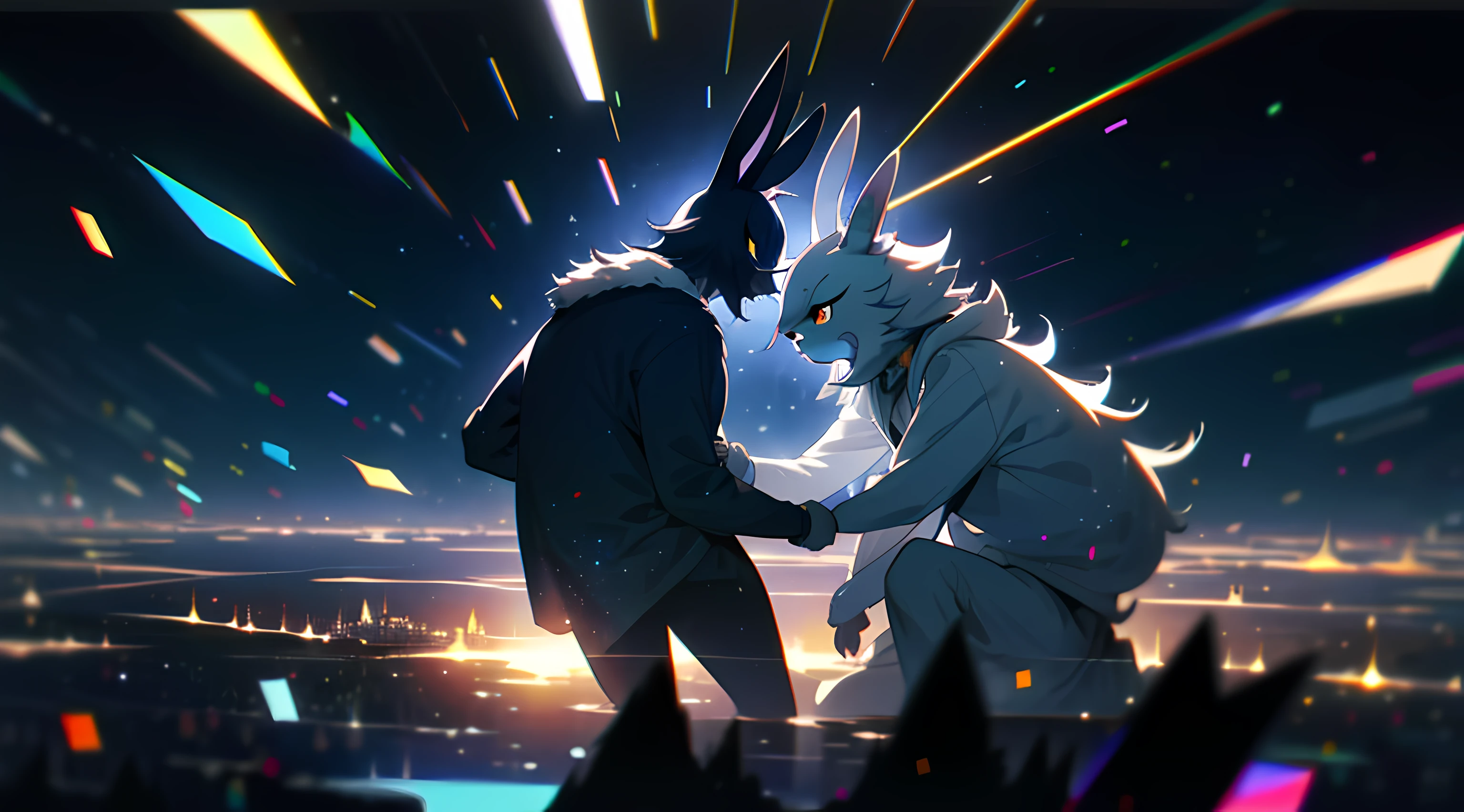 furry anthro kemono rabbit wearing bunny ears, furry anthro kemono blue-furred rabbit, (bna beastars rabbit), (glowing stars through the air:1.1), blurry background, bokeh, depth of field, starry skyline, far from city, alone, fearful, hopeless, magic, magical, fantastic, dark hue, haze