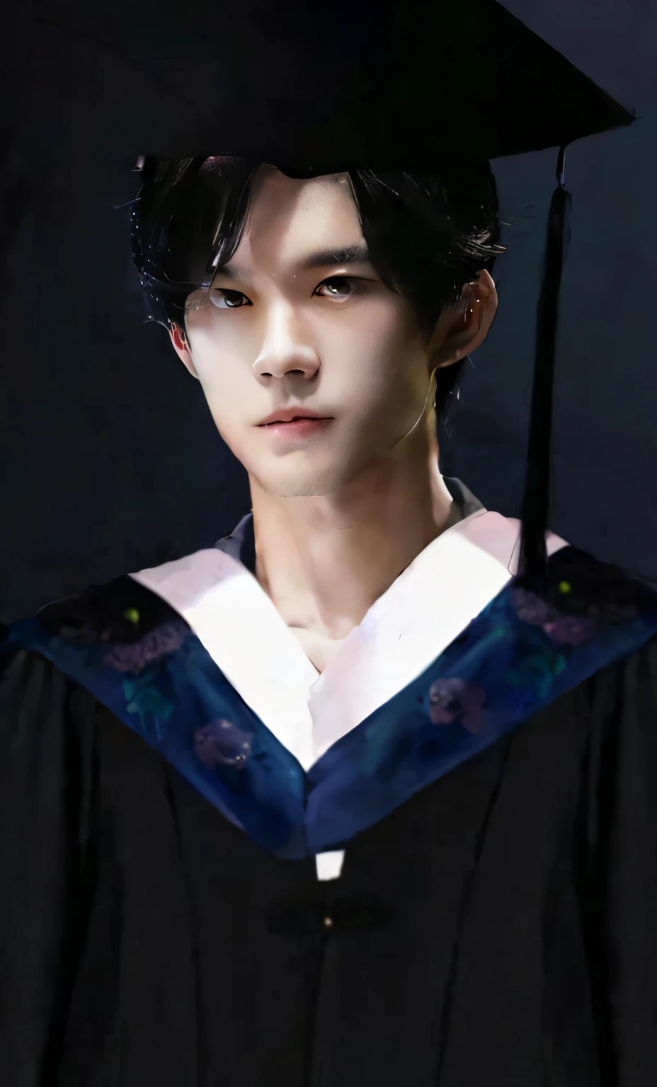 Close-up of a man in a graduation dress and hat, Kim Do-young, young wan angel, Inspired by Bian Shoumin, wearing an academic gown, yanjun cheng, Cai Xukun, Inspired by Zhang Han, Delicate androgynous prince, graduation photo, Shin Jinying, ((wearing aristocrat robe)), handsome japanese demon boy, kousuke oono