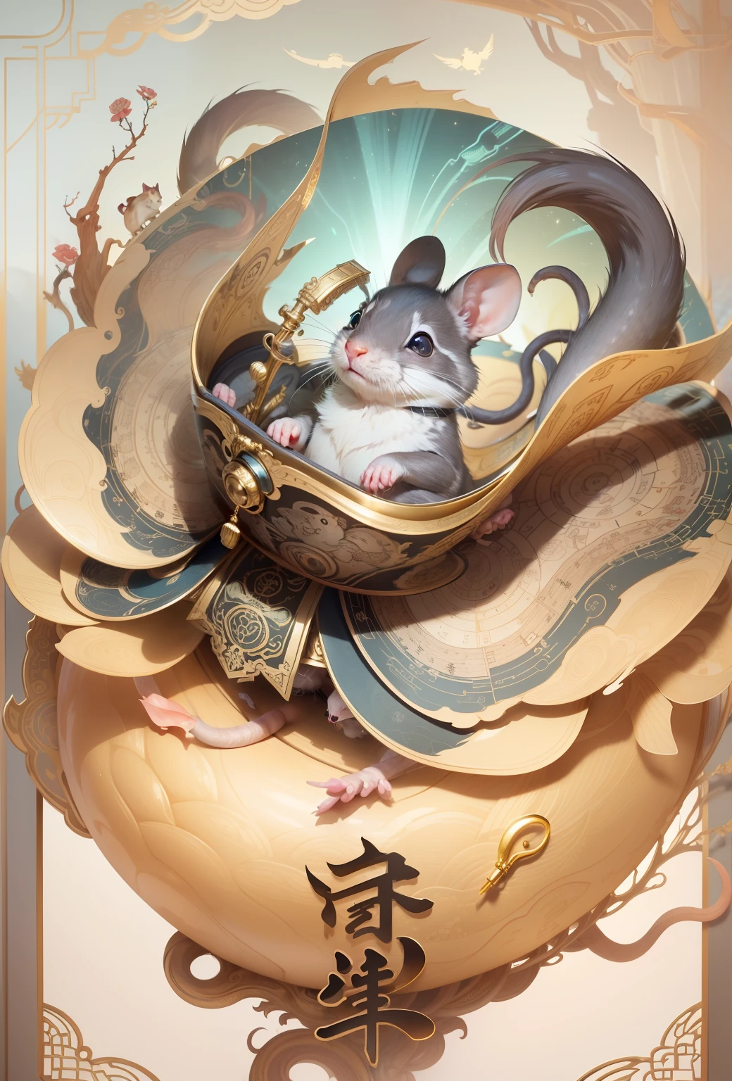 (Extremely detailed 8k wallpapers),复杂,Highly meticulous,Full of drama,Masterpiece, High quality, 4K, Beautiful design, Shiny, From above, (Redshift style:1.1), (analogue style:1.1), Sub-rats,Zodiac rats,ratz,Auspicious clouds,the detail,Clear pattern,The mouse holds a brush,Impeccable