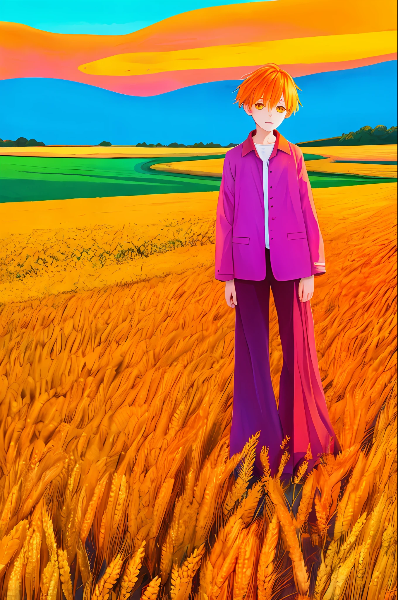 a color, limited palette, Colorful, scenery, wheat field, Orange hair, Gold eyes, Sunset,1boys