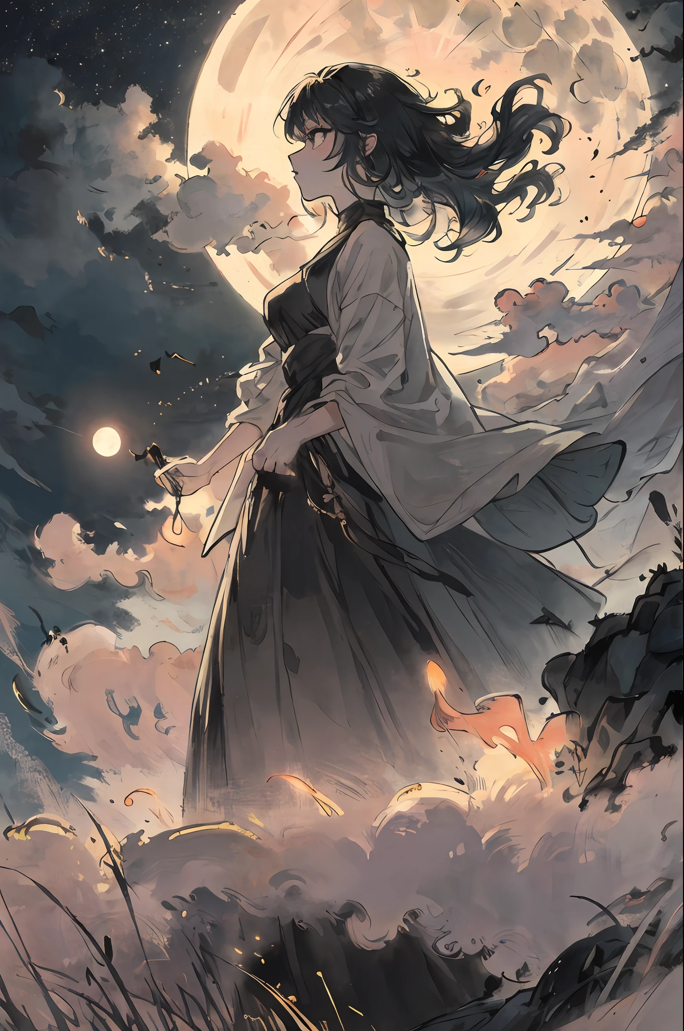 Masterpiece, Best quality, Night, hill, Clouds, full moon, Long hair, woman, Silhouette, glowworm.