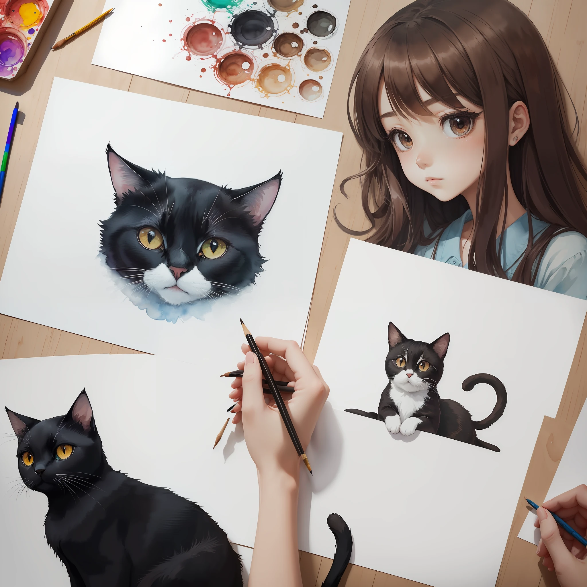 the anime, watercolour, Chinese, painting, artstyle, (Room Background: 1.4), Original, (illustartion: 1.1), (Best Quality), (Masterpiece: 1.1), (Color: 0.9), (Medium Lens: 1.4), upper-body, Crisp and crisp focus, interior, looking at the viewer, ((Beautiful)), beatiful face, brown hair, Black Eyes, Drawing, Black Cat, Posters on the wall, Girl draws with her left hand --auto