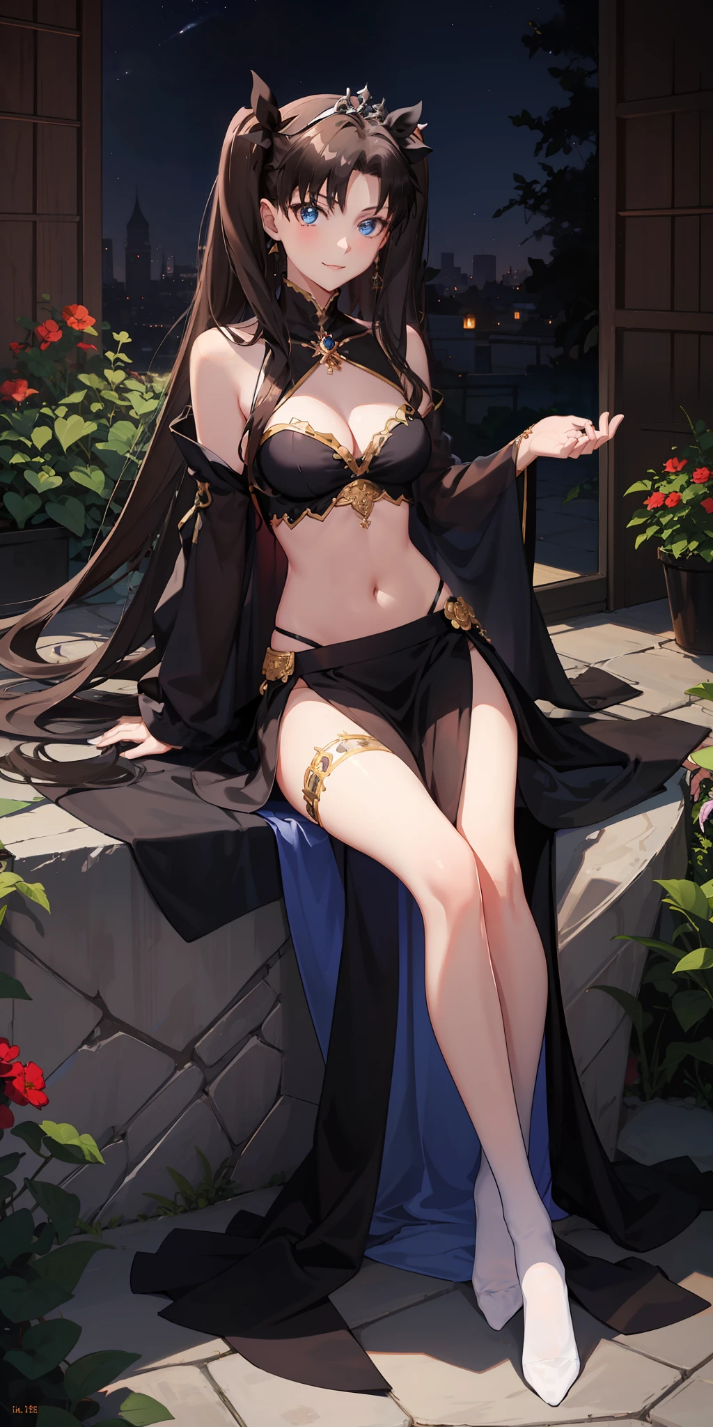 long hair, black hair, medium breast, slim legs, happy, black gown, cleavage, arabian belly dancer , skirt, rin tohsaka, twin tail, navel, garden, night, blue eyes, tiara, sitting, thigh high socks