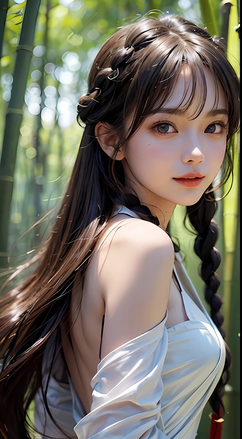 -yeld smng female classmate,(best qualtiy,8K,tmasterpiece:1.3),Goose egg face,largeeyes,long eyelasher,With bangs,Cool handsome,Domineering,Exquisite(live-action realistic style),Star-like eyes,Ultimate face,Photorealistic light and shadow,Clear facial features,Milky white skin,Fair skin, highdetailskin, Realistic skin details, Visible Pore,(Super detail),Petite body,(perfect bodies:1.1),Carmelto, full bodyesbian,Two braids,Hanfu,Ribbons,Beautiful,((dynamicposes),Side Body,back to look back),((bamboo forrest,Early morning sun,Neat lines)),((Dynamic background((volumettic light:1.3)) ,Dramatic scenes