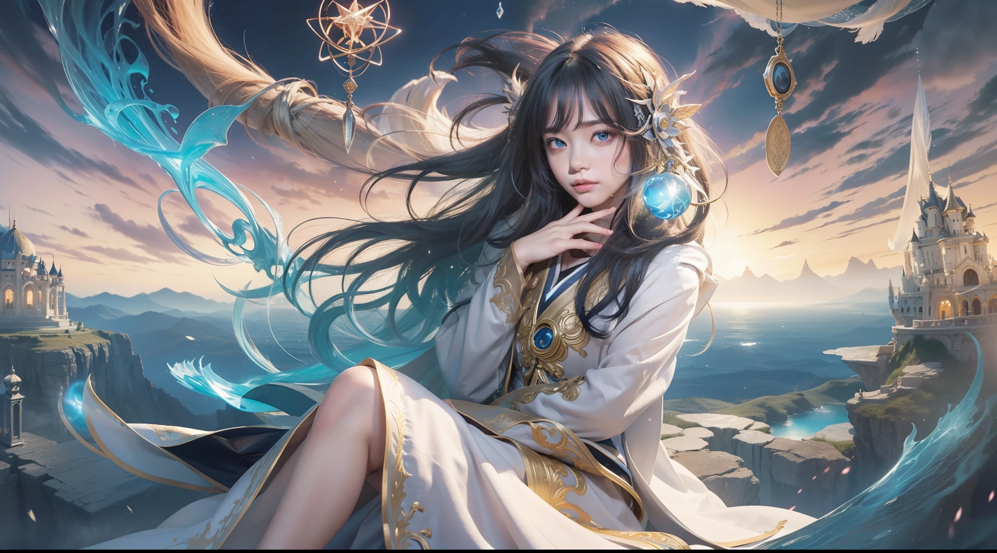 Crystal Castle Sealed in a Book of Magic,Blood,Night, Dark, (Fantasy),infinite,deep blue sky,The abyss of knowledge,Cowledge,((masutepiece)), (((Best Quality))),((Beautiful fine eyes)),(Eye lashes)、Beautiful girl riding a giant white cat、(1人)、Perfect human body structure、Black hair fluttering in the wind、The long-haired、abyss eyes、glowy skin、oils、small tits、Wizard robes、tattered cloth、Realistic coat、Tee、Super delicate CG Unity 32k wallpaper、​masterpiece, ((ultra-detailliert)), ((illustratio)),colourfull,wall-paper,The energy,Unknown terror,Incomprehensible,Around the magic,Magical surroundings,magic wands,Boken,Flying pages,Know everything,Predict the future、Get to know the past、Infinite wisdom、blue flames、Warlock、magic circles、Pentagram、Spells、mantra、Singing magic