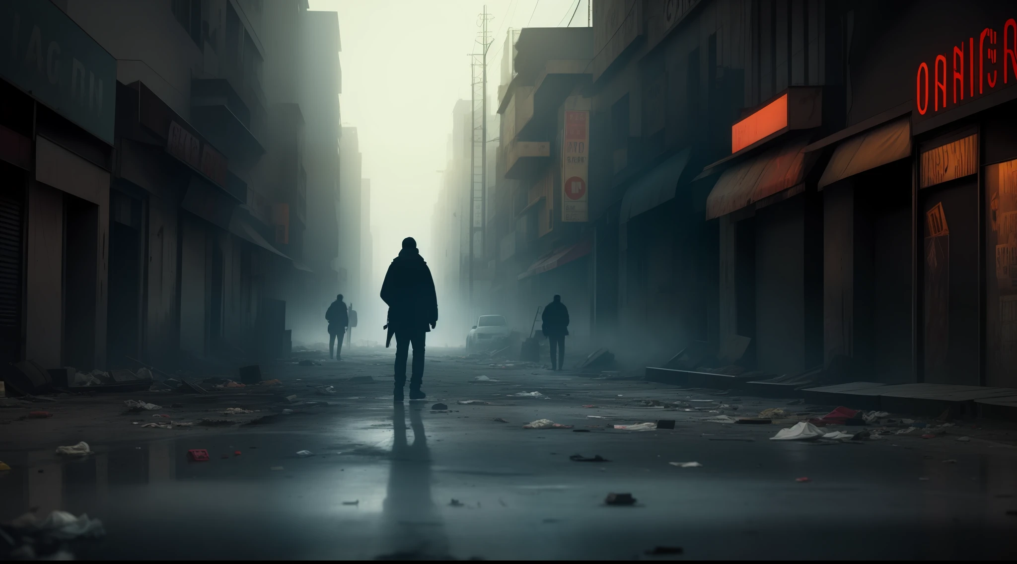 Ghost looking back in horror city , trash ,dust , dirty , cinematic light