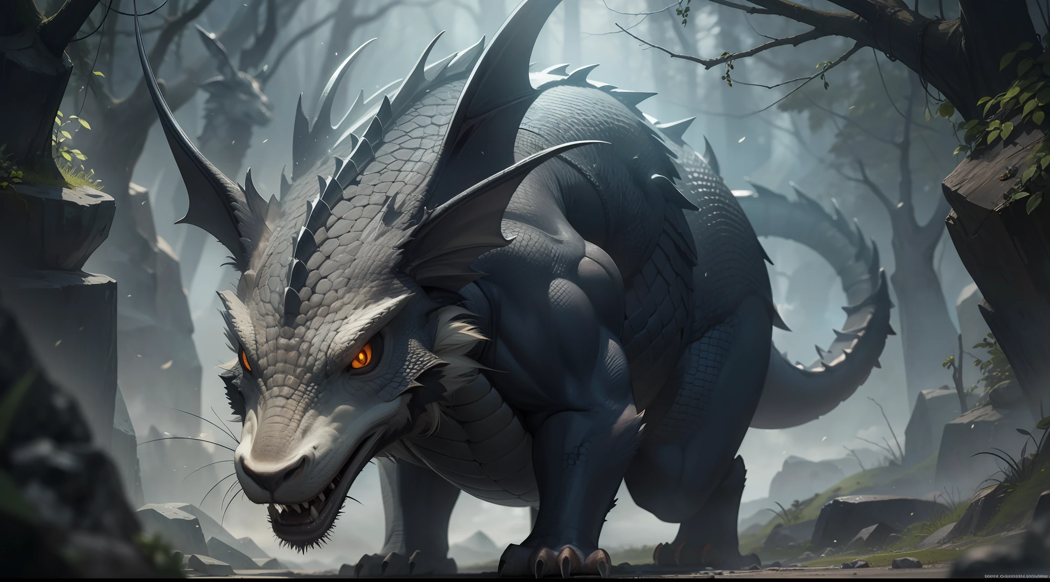 stone age wildlife, Ultra-realistic Photography, National Geographic, dark fantasy atmosphere, dragon core,
