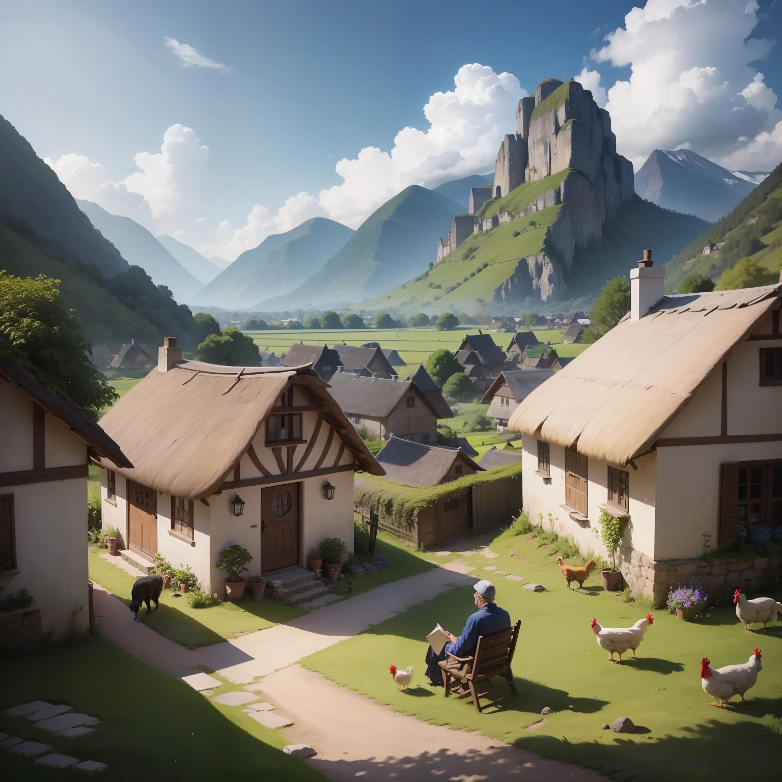 There is a small village，There are three thatched huts in the small village，Chickens in front of the thatched hut, sheeps, Cats and other animals，Grandpa sat in front of the house，Old lady feeding animals，Two people stood in front of the house, and behind the house was a mountain with a ravine，The thatched huts are surrounded by greenery，Blue outside the sky