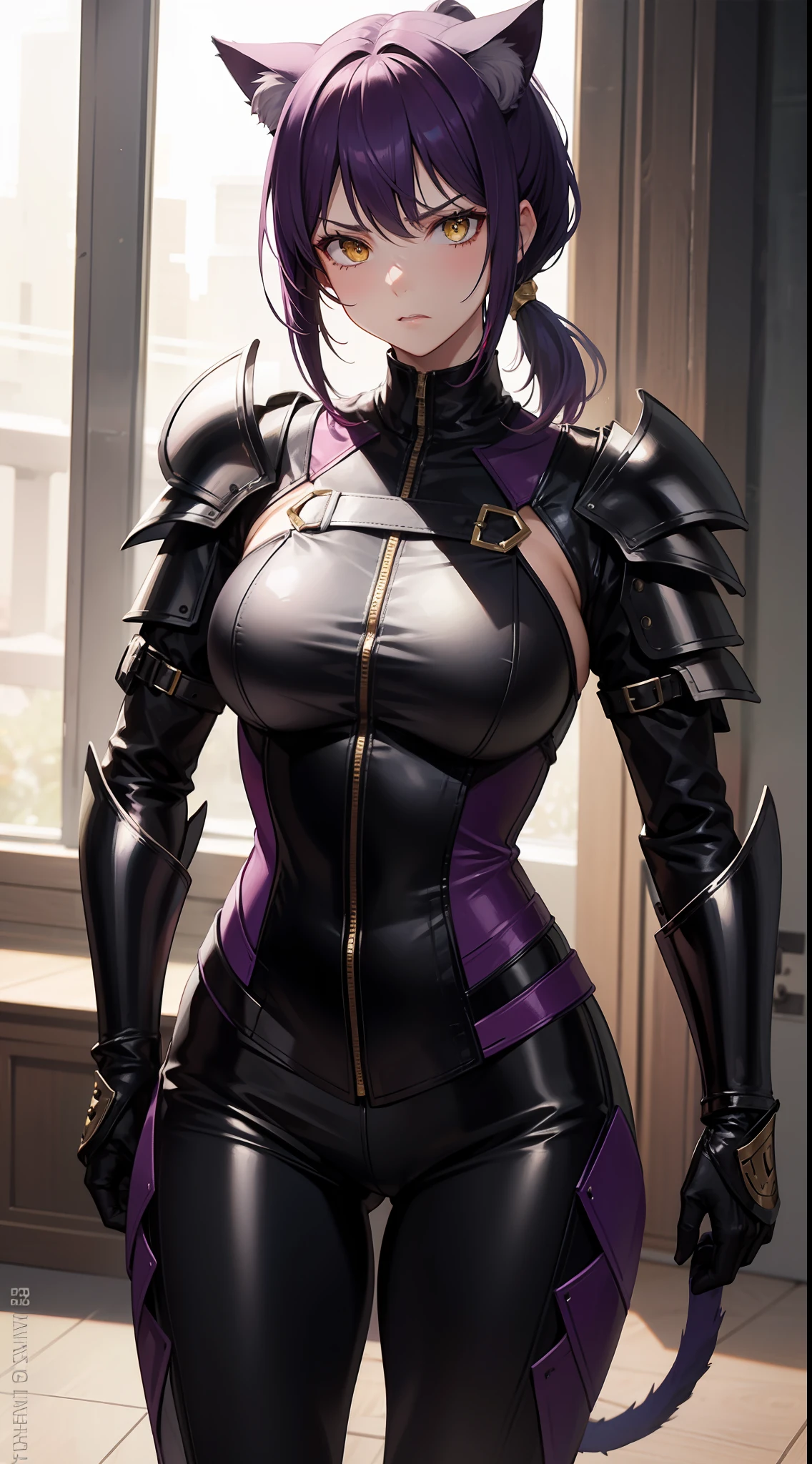 Adult woman, short purple hair, high ponytail, cat ears, Yellow eyes, Tight-fitting closed leather armor, anger, Masterpiece, hiquality