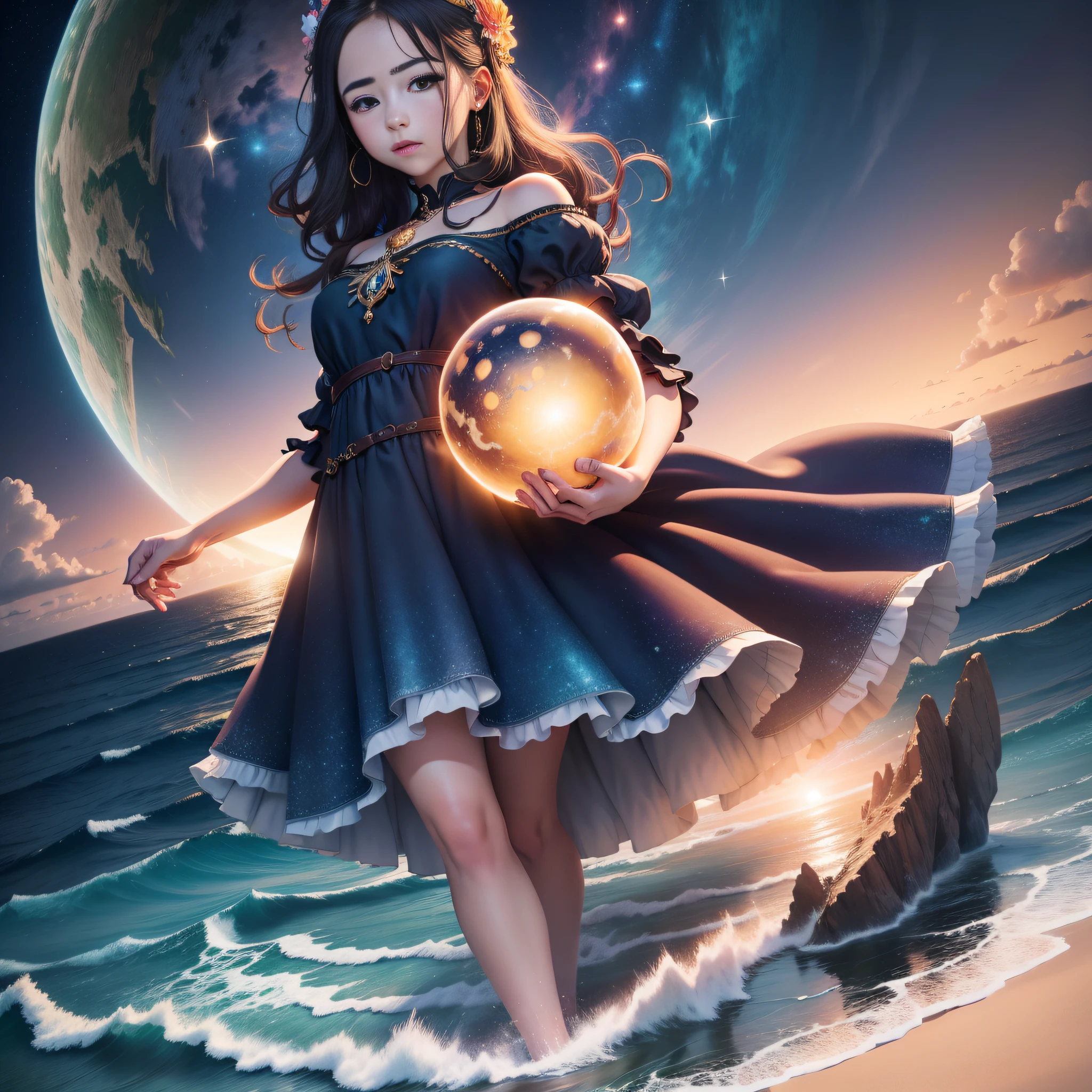 (Masterpiece)》,(《Best quality)),8K,high detal,Ultra-detailed,Young girl in flowing dress, holding a glowing sphere, standing on the edge of the cliff. in the background, Enchanting skies full of swirling colors and sparkling stars overlook the vast and enchanting ocean.,young girl, floating dress, Glowing balls, cliff, Enchanting sky, swirling colors, glistening stars, Vast ocean, Enchanting.