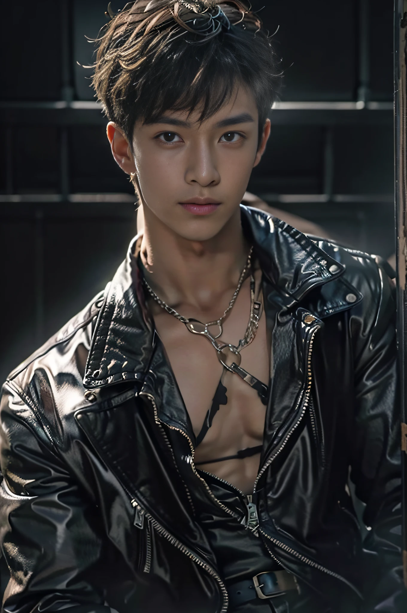 A boy is 25 years old，Shirtless，Latex pants，浴室，The crotch is raised，musculature，short detailed hair，closeup cleavage，Cinematic lighting effects