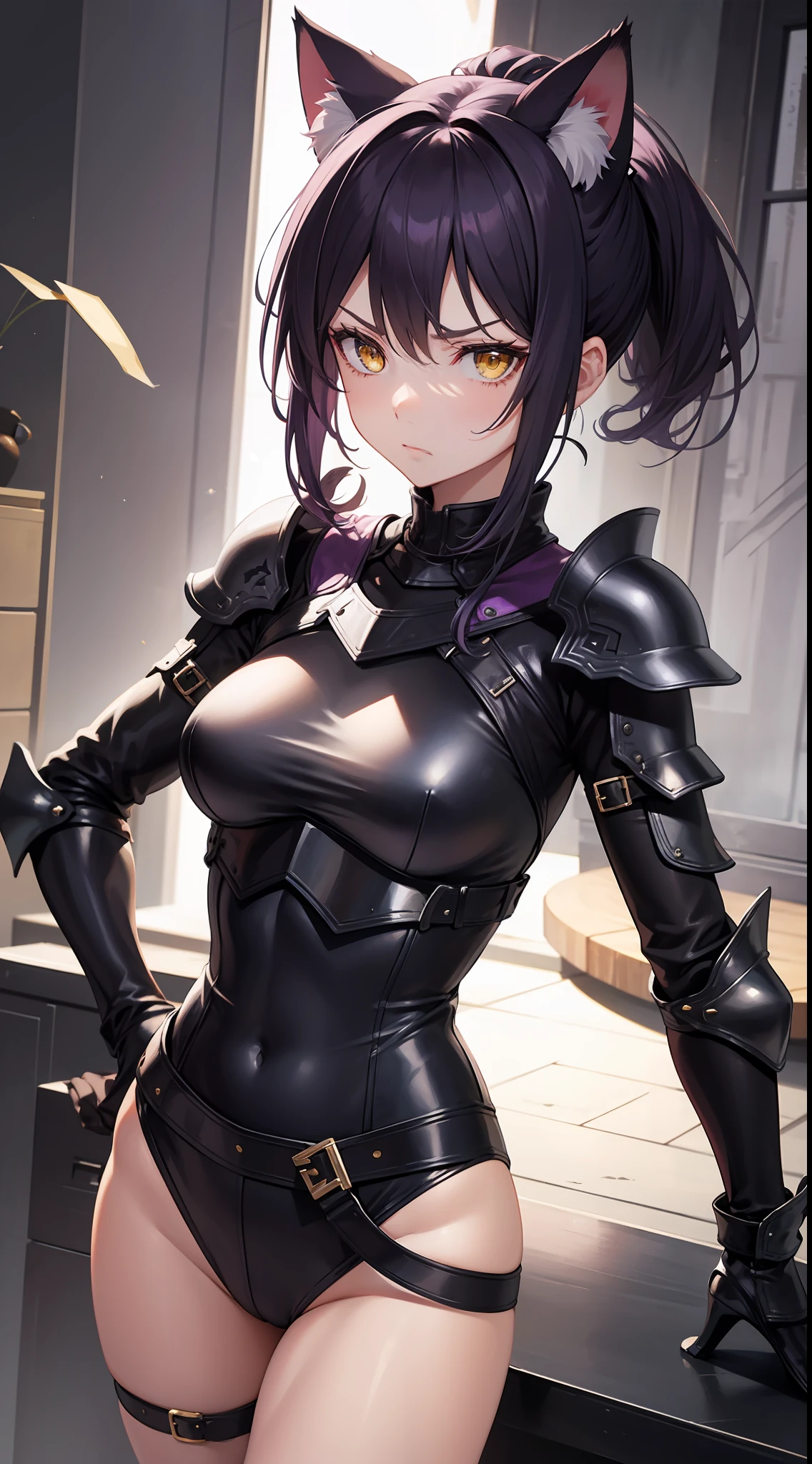Adult woman, short purple hair, high ponytail, cat ears, Yellow eyes, Tight-fitting closed leather armor, anger, Masterpiece, hiquality