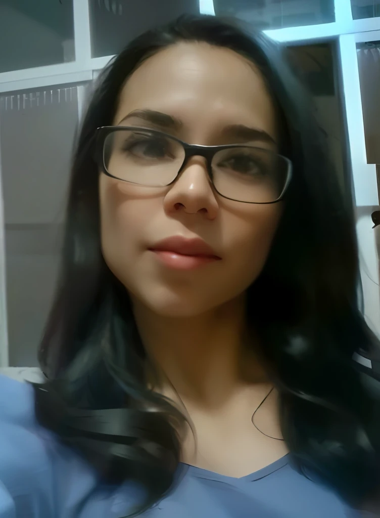 there is a woman with glasses and a blue shirt taking a selfie, Parece Fabiula Nascimento, imagem frontal, inspirado em Maria Helena Vieira da Silva, com cabelo preto liso, wavy long black hair and glasses, Alanis Guillen, foto selfie, Estefania Villegas Burgos, Directed by: Herbert MacNair, Por Reyna Rochin