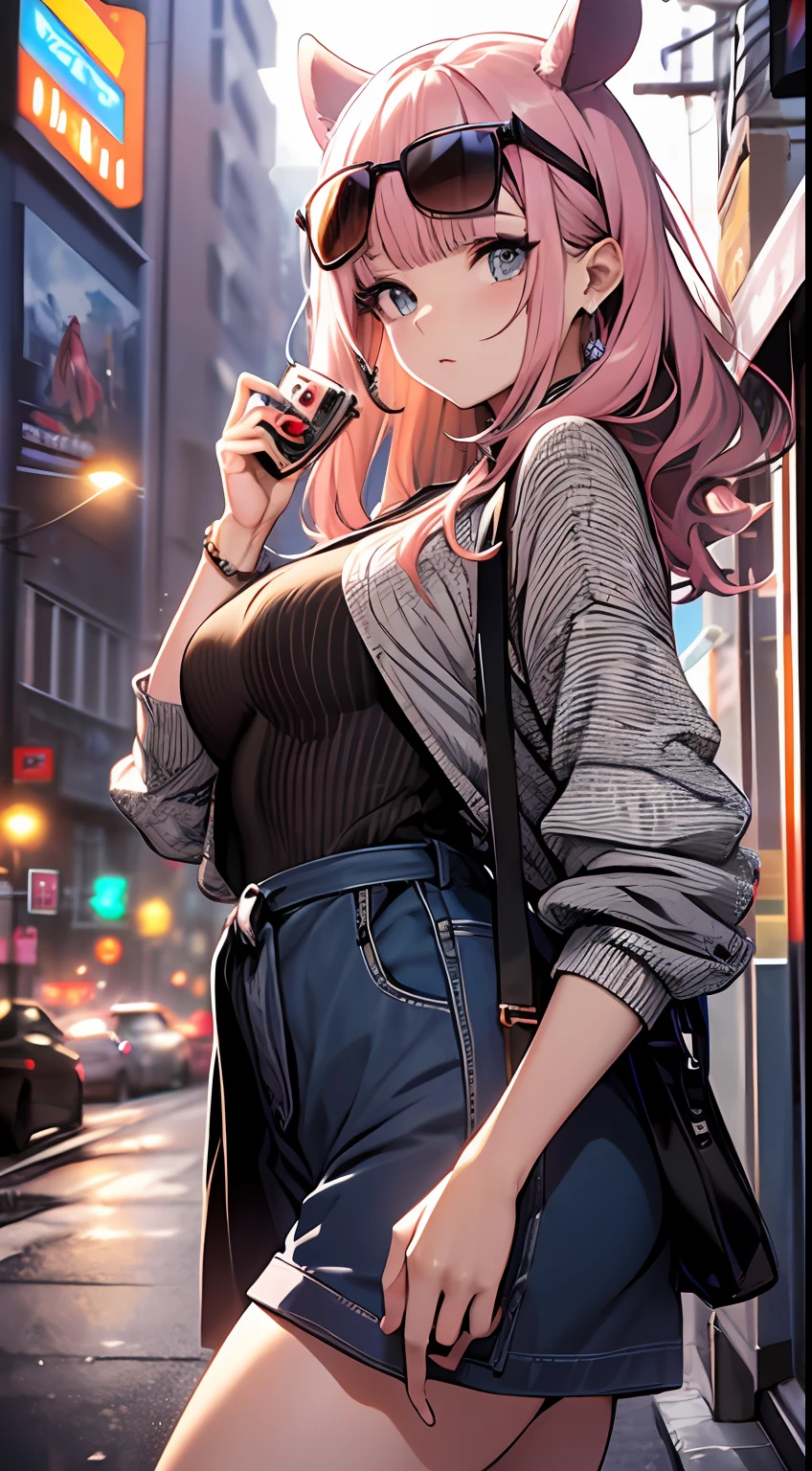 I can imagine Ina holding a camera in her hand, ready to capture the perfect moment. Her light pink hair falls in soft waves and she's body is slender and sensual with medium breasts. The image is a high-quality masterpiece that showcases Ina's beauty and skill as a photographer. Ina is dressed in trendy casual clothes and is wearing sunglasses that accentuate her style. The image is a mix of classic and modern styles, with impressive details that show the quality of the artwork. The image shows Ina in an urban environment, surrounded by buildings and bright lights, capturing the essence of the city with her camera.