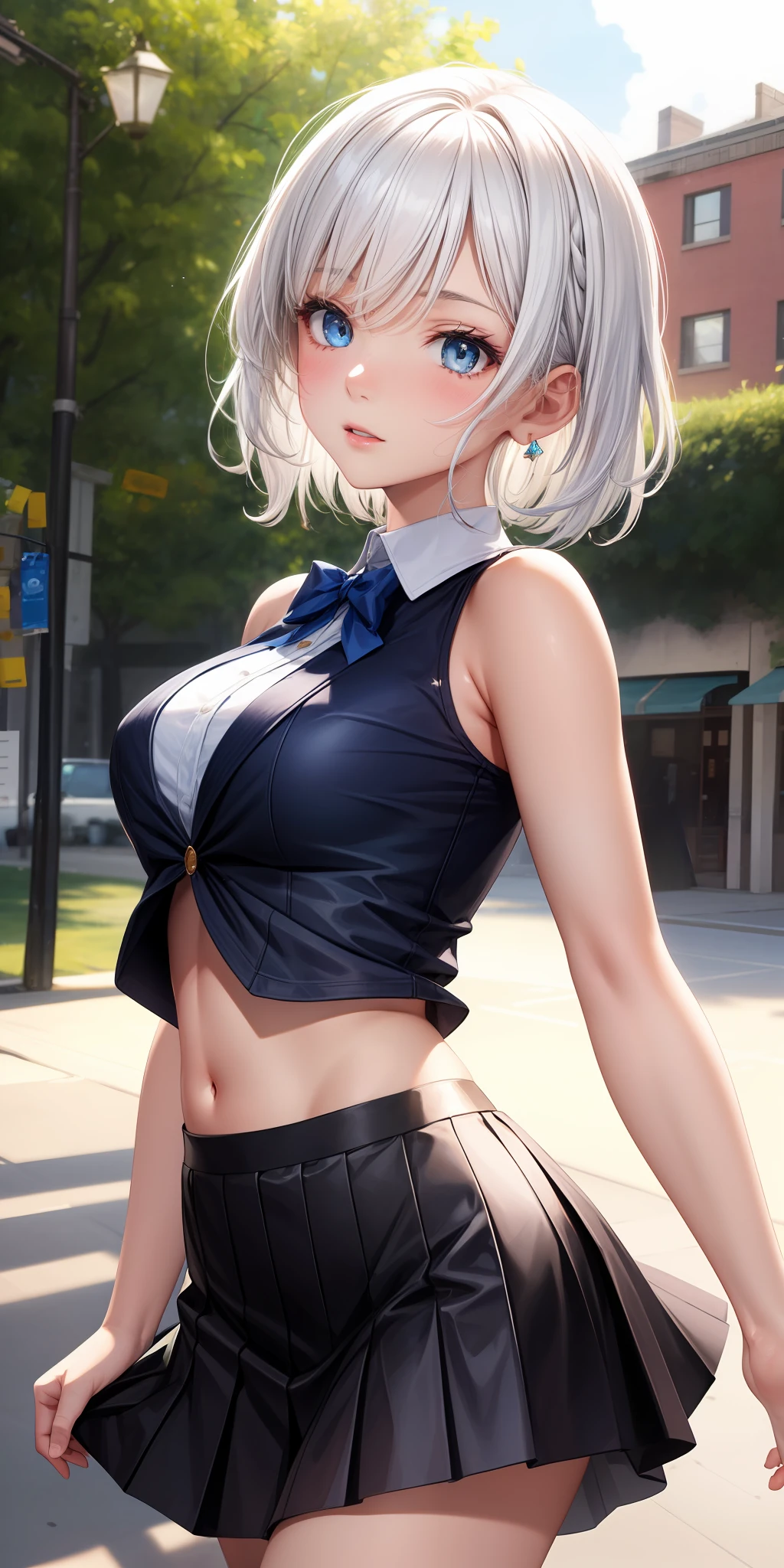 realisticlying,1girl,White hair,blue color eyes,Cut the top,a skirt,parted lip,Be red in the face,rays of sunshine,