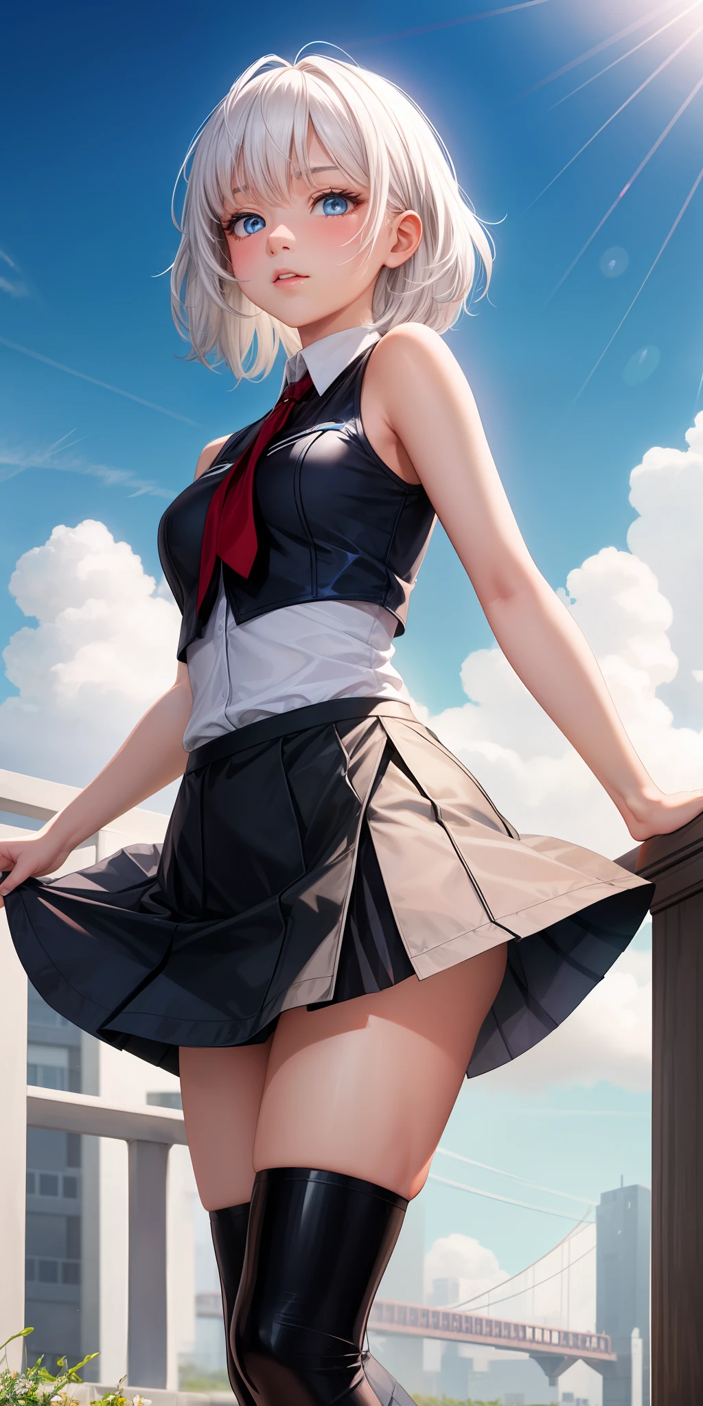 realisticlying，1girl，White hair，blue color eyes，Cut the top，a skirt，parted lip，Be red in the face，rays of sunshine，