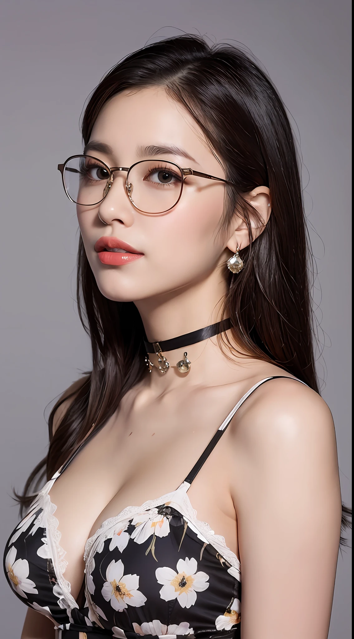 ((midnight, Need, 8K, tmasterpiece:1.3)), Long legs, Focalors:1.2, Plump body,perfect figure beautiful woman:1.4,((Dark brown hair, huge tit:1.2 )), (low chest,DEEP-V COLLAR, blackstockings,shift dresses,thinness,semi transparent,Floral dress,Sakura dress,White sneakers), ((greybackground)), Highly detailed facial and skin texture, A detailed eye, 二重まぶた,crisp breasts,ssmile,Bigger breasts, Long hair,crisp breasts,Noble beauty,Get wet,Sweat profusely,Red lips,Charming,huge tit,having fun,Rejoice,Perfect chest shape,wearing a choker,Wear earrings,Wear a bracelet,crisp breasts,Noble beauty,seductiv,Charming,Full-figured,White skin,Noble,luxury goods,Flame it up,largeeyes,eye shadows,long leges,slenderlegs,wears glasses,ssmile