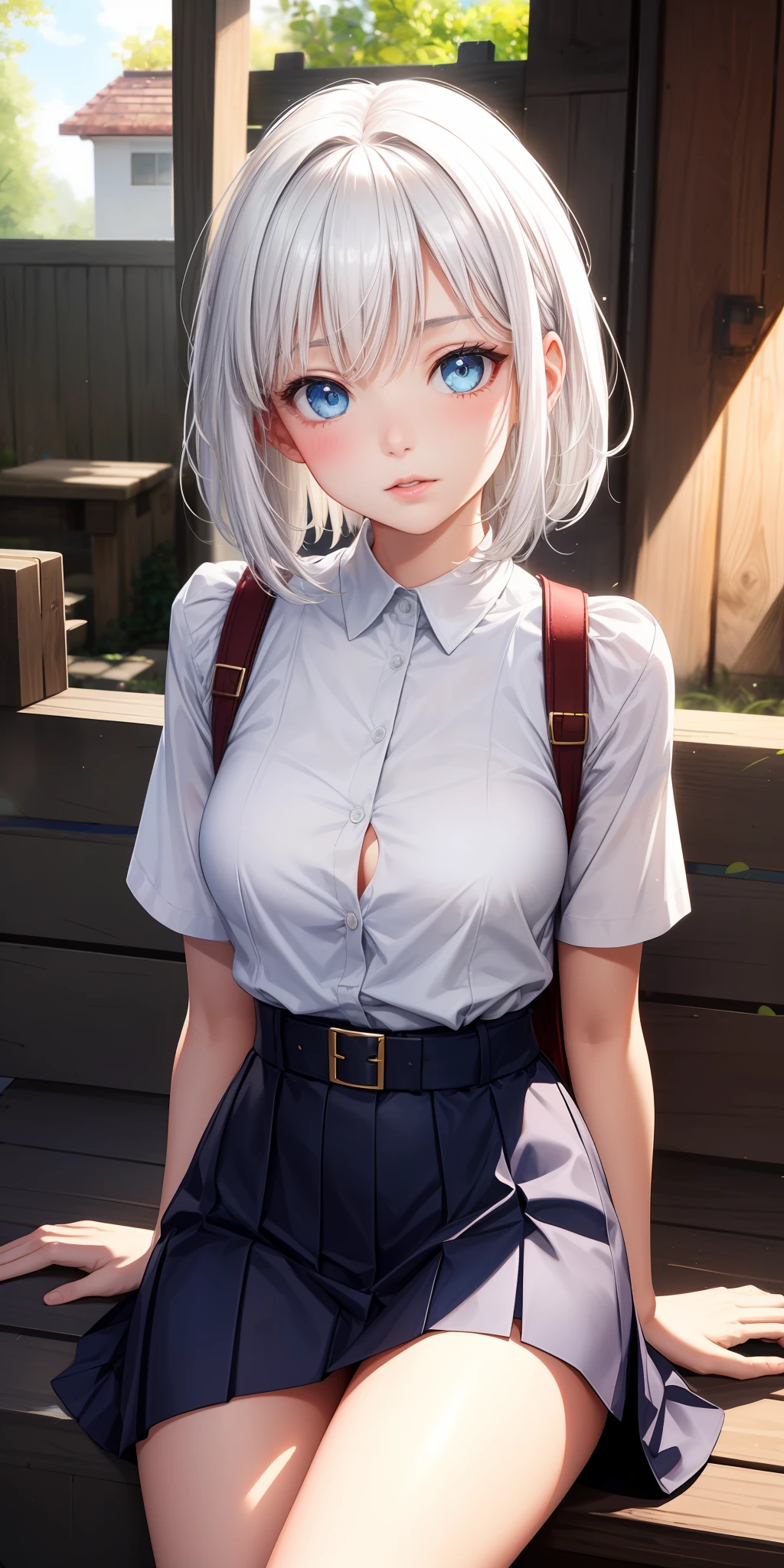 realisticlying,1girl,White hair,blue color eyes,Cut the top,a skirt,parted lip,Be red in the face,rays of sunshine,