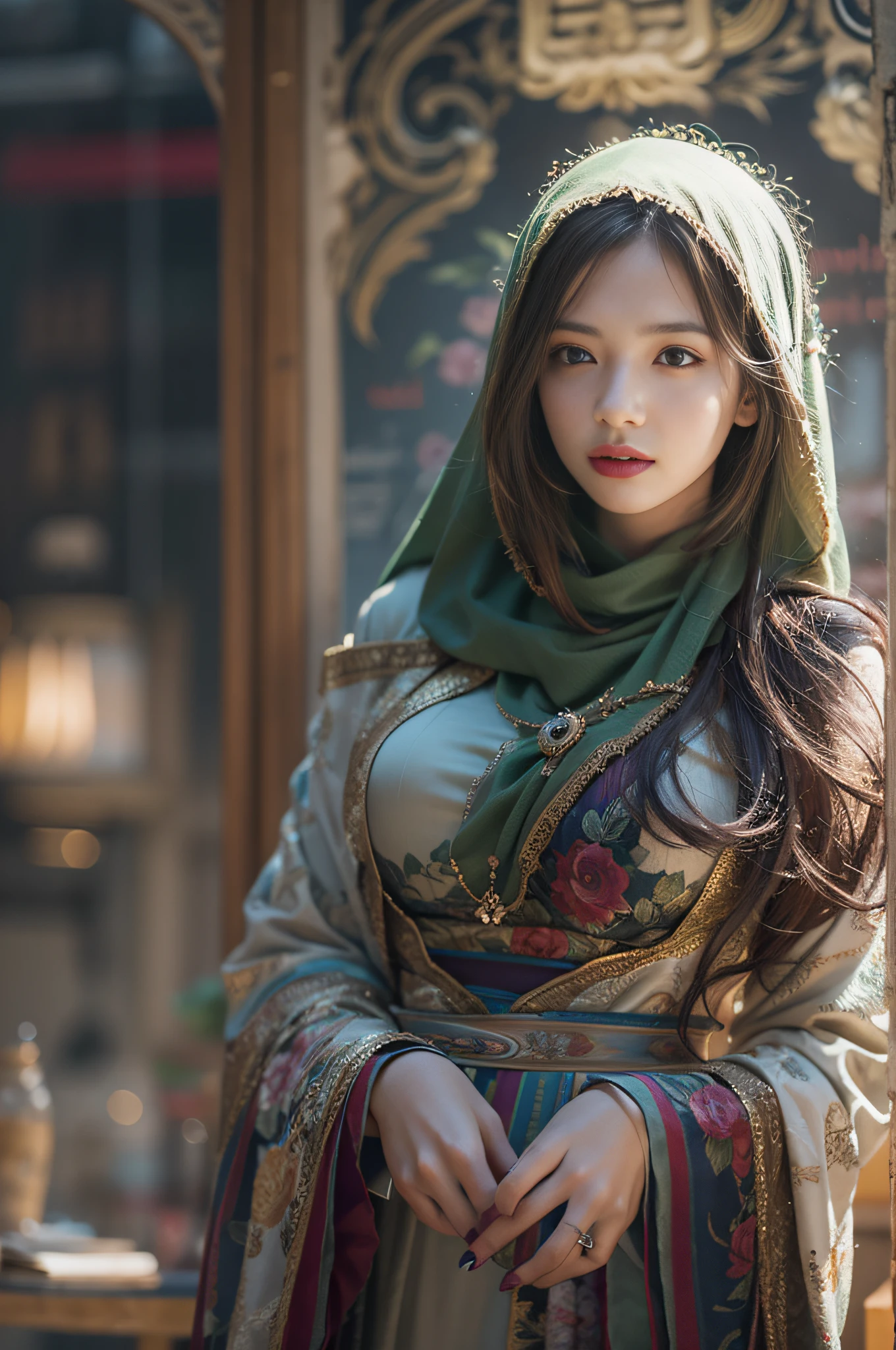 (RAW photo, best quality), (realistic, photo-realistic:1.3),HIJAB DRESS, best quality, highly detailed, masterpiece, ultra-detailed, illustration, 1girl, upper_body, dynamic angle, world masterpiece theater, messy_long_hair, best quality, extremely detailed CG unity 8k wallpaper, ink, Amazing, cinematic lighting, lens_flare, dunhuang_style,