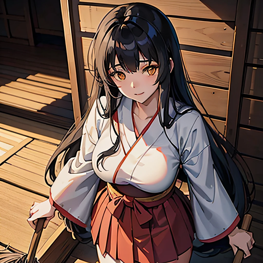 a beautiful anime portrait of a Japanese temple priestess with long black hair sweeping a shrine floor with a broom, yellow eyes, red pleated knee length skirt, 30 year old woman, autumn afternoon, ultra detailed, 8K, vivid, cell shading, volumetric lighting, view from above