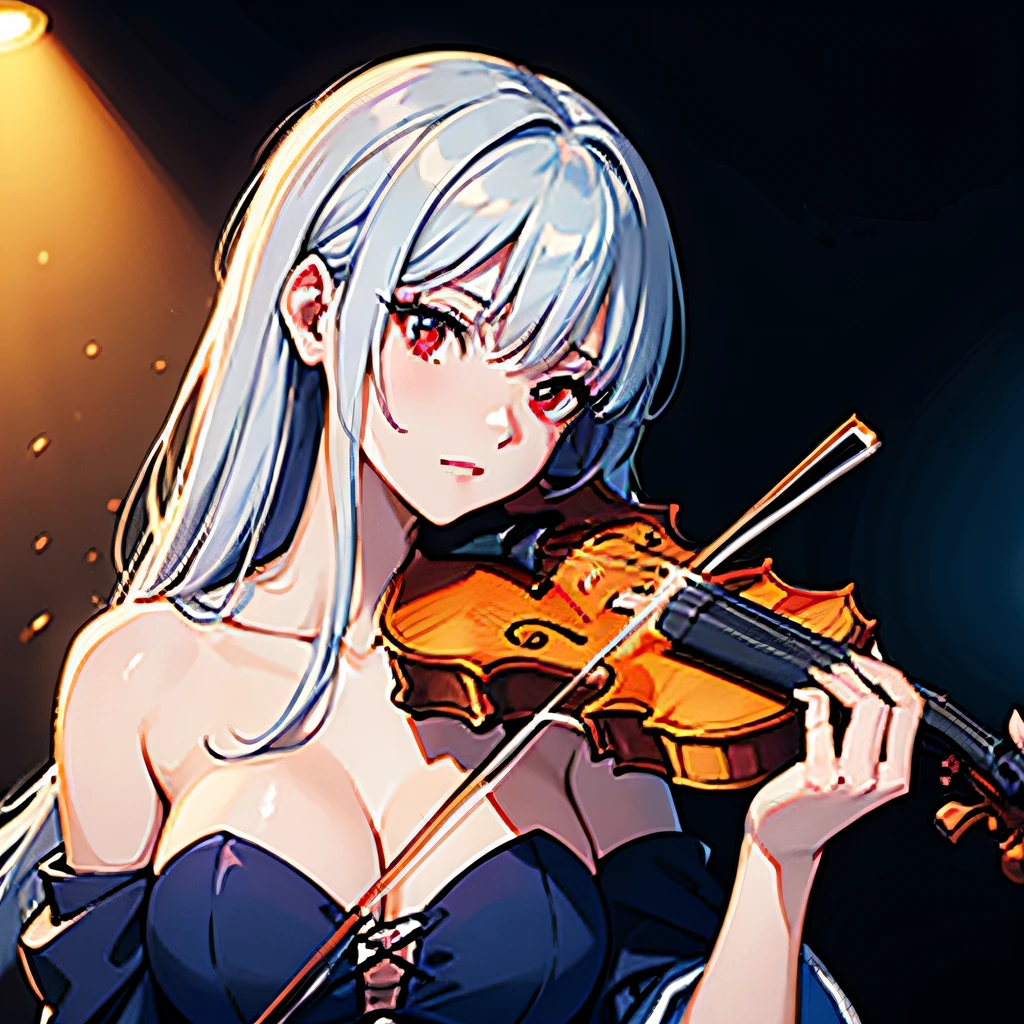 a beautiful anime portrait of a serious female violinist playing the violin at a concert, silver hair, shoulder length hair, red eyes, albino, cobalt blue dress, ultra detailed, 8K, vivid, cell shading, volumetric lighting, epic composition
