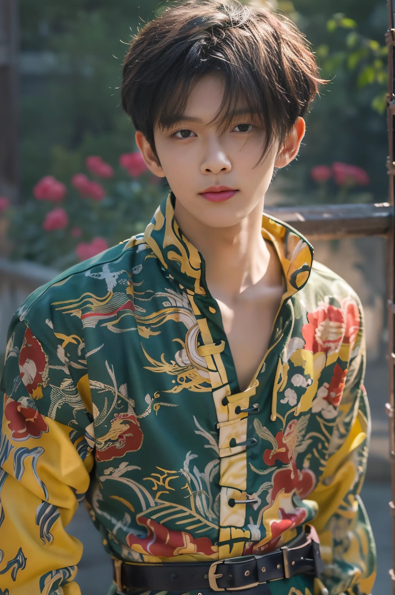 Cowboy shot, Male,Handsome,monochrome photography, Handsome boy, Short hair, Black hair, black/Blue/Green/Yellow/Red/White printed Chinese shirt, Long sleeves, belt, black/Blue/Green/Yellow/Red/White printed Chinese maxi dress, Dynamic pose, view the viewer, Boots, full bodyesbian,Ear doors, chinese style countryard,