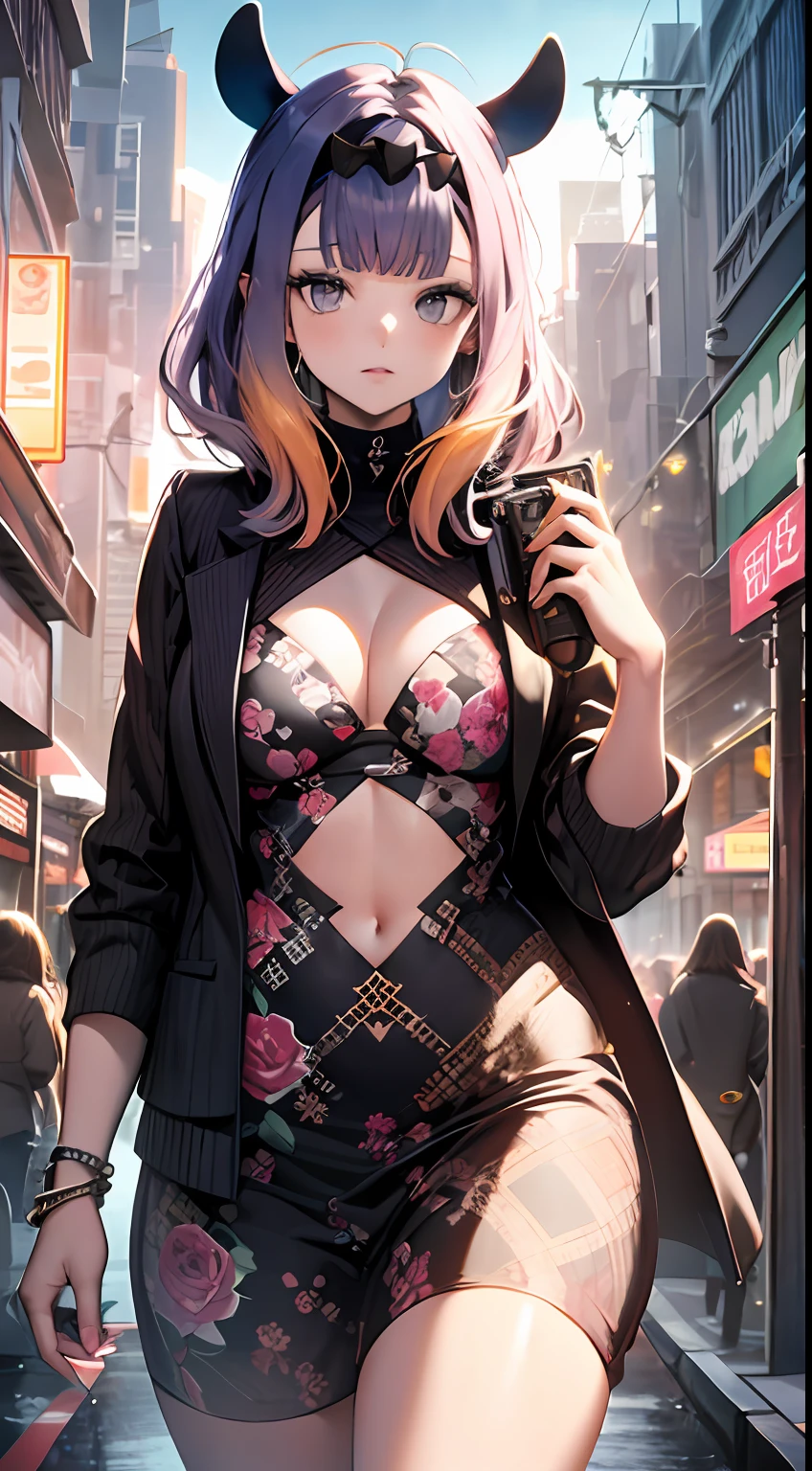 Imagine Ina with a camera in hand, ready to capture the perfect image. Ina has soft pale pink hair, and her figure is slim with medium breasts and a very sensual look. The image is a high-quality masterpiece that showcases Ina's beauty and talent as a photographer. Ina is dressed casually, with trendy clothes and sunglasses that complement her style. The image is a mix of classic and modern styles, with impressive details that show the quality of the artwork. The image shows Ina in a sophisticated, urban setting, surrounded by buildings and bright lights
