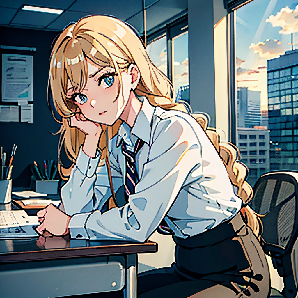 Beautiful anime portrait of a professional woman sitting on her desk and wearing a business jacket and black pencil skirt, 30 years old, long braided sandy blond hair, hazel eyes, serious expression, leaning forward, office, office building, interior, cloudy, ultra detailed, vivid, cell shading, masterpiece, 8k, volumetric lighting, front view, full body view