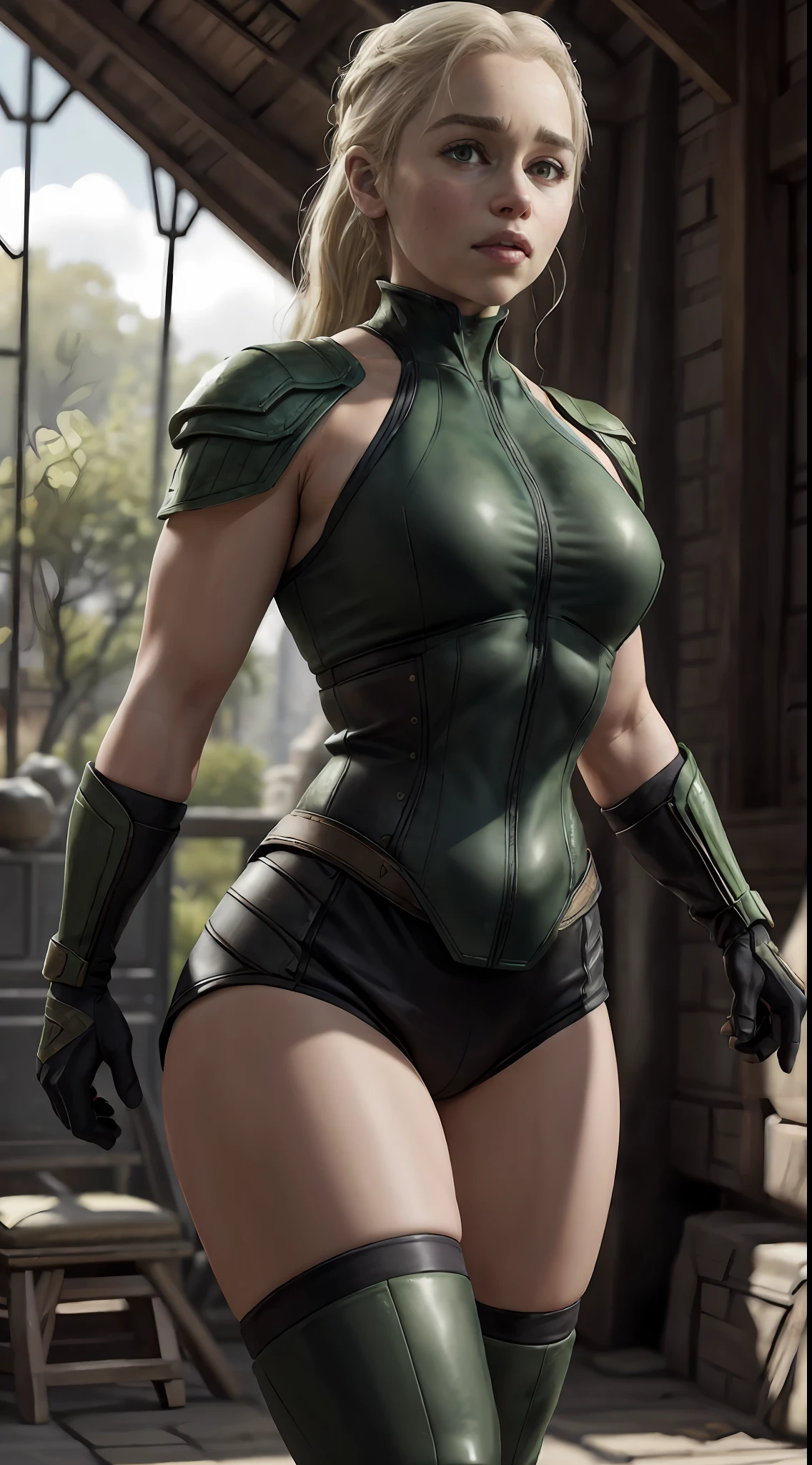 actress (Emilia Clarke) as a (Sonya Blade), (Mortal Kombat), wearing green and white military outfit, black military boots on heels, blonde ponytail, fit body, fighting pose, ready to fight, fighting arena, sultry, sexy, hot, shapely, full body render, fine detail, hyper realistic, HD, 4K, definition, texture, perfect detail, perfect face, beautiful, hyperrealism, trending on artstation