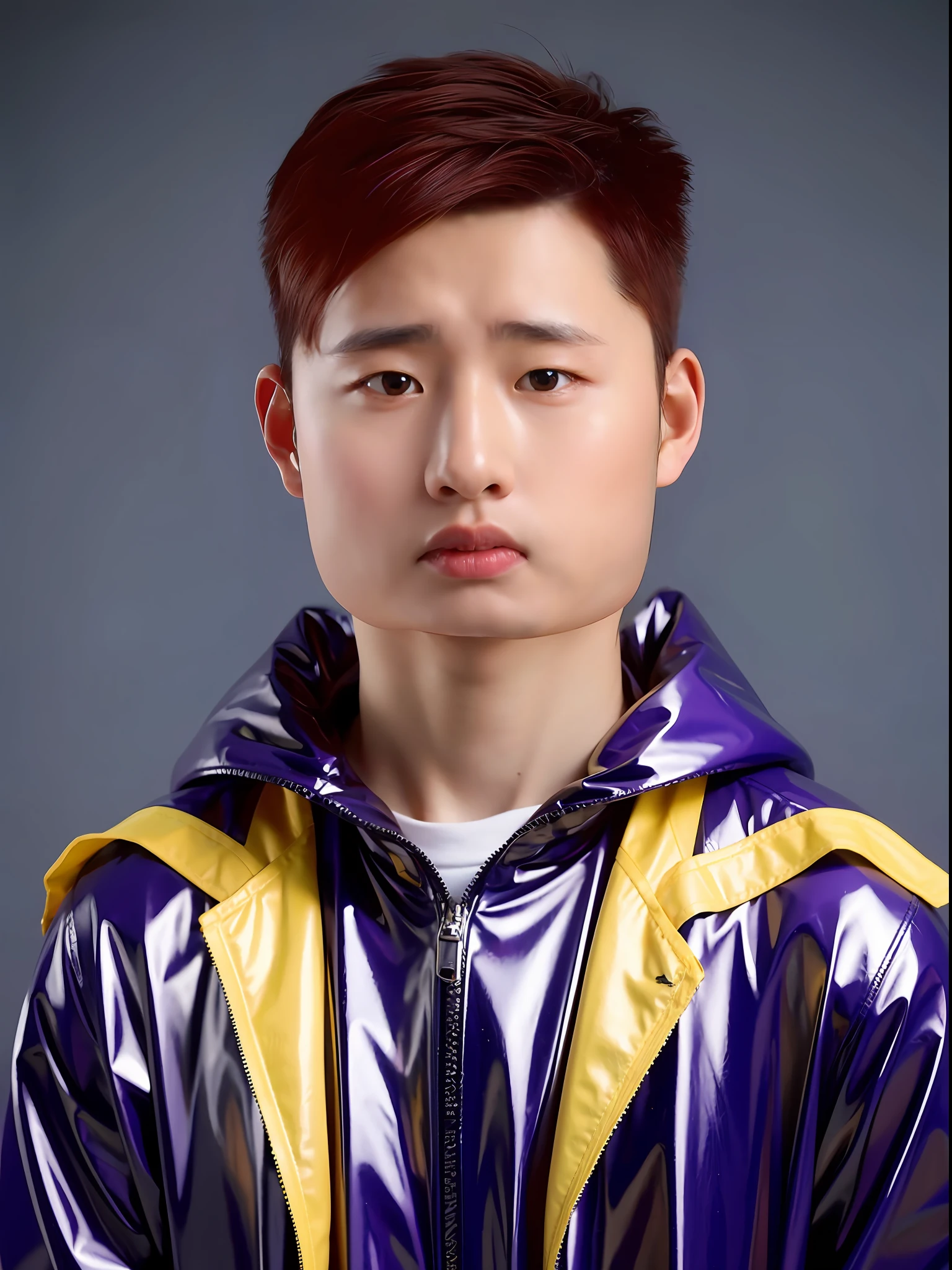 Chinese male high school student，Wearing purple PVC casual clothes，hair purple