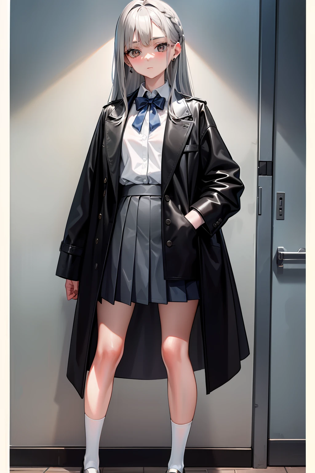 Masterpiece，Best quality，High details，1girll，Girl with long gray hair，Girl wears white shirt, Blue pleated skirt, Black mid-tube socks，Brown leather shoes，Wear earrings，Black coat，The girl is skinny，The girl was lovely，Very short，face expressionless