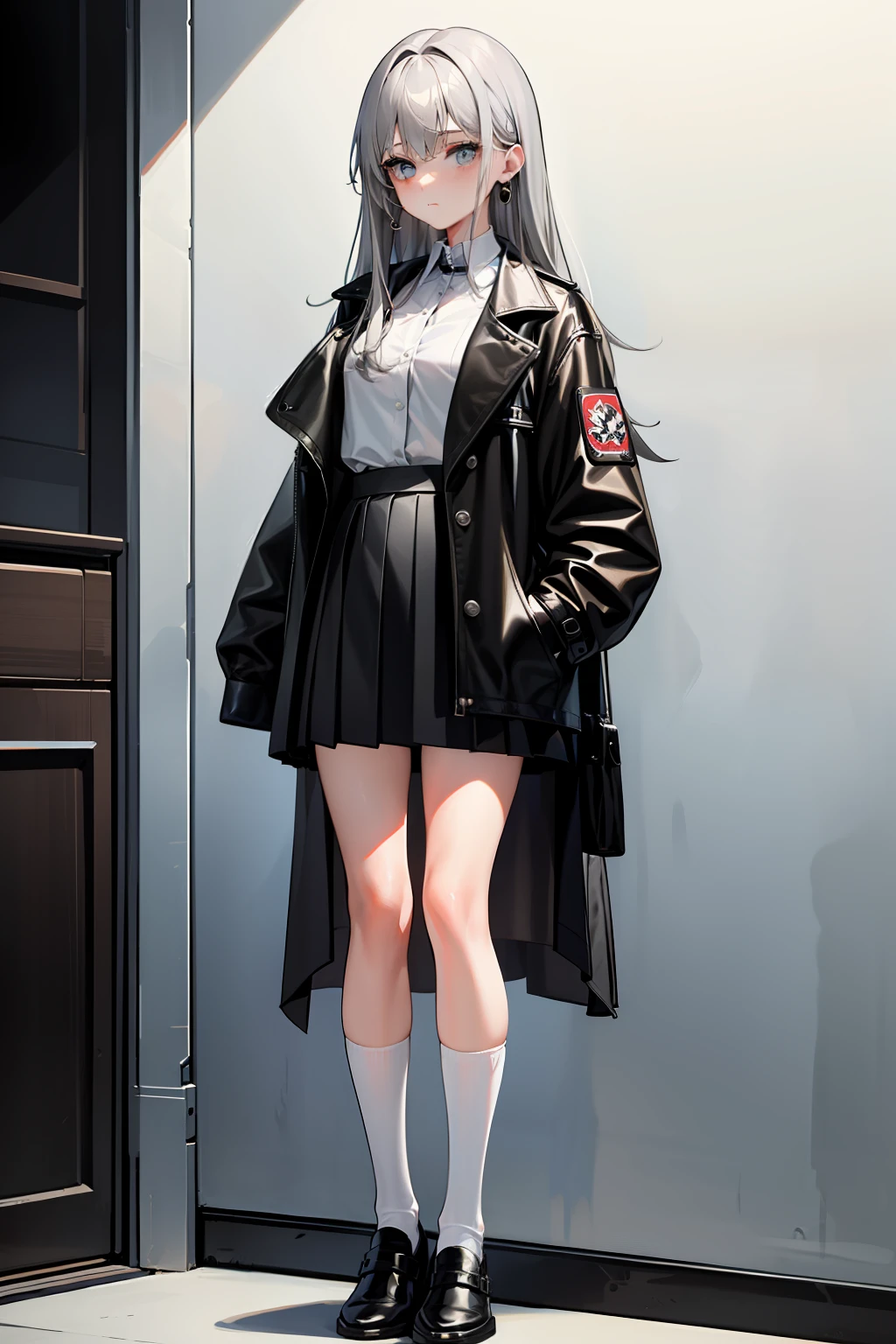 Masterpiece，Best quality，High details，1girll，Girl with long gray hair，Girl wears white shirt, Blue pleated skirt, Black mid-tube socks，Brown leather shoes，Wear earrings，Black coat，The girl is skinny，The girl was lovely，Very short，face expressionless