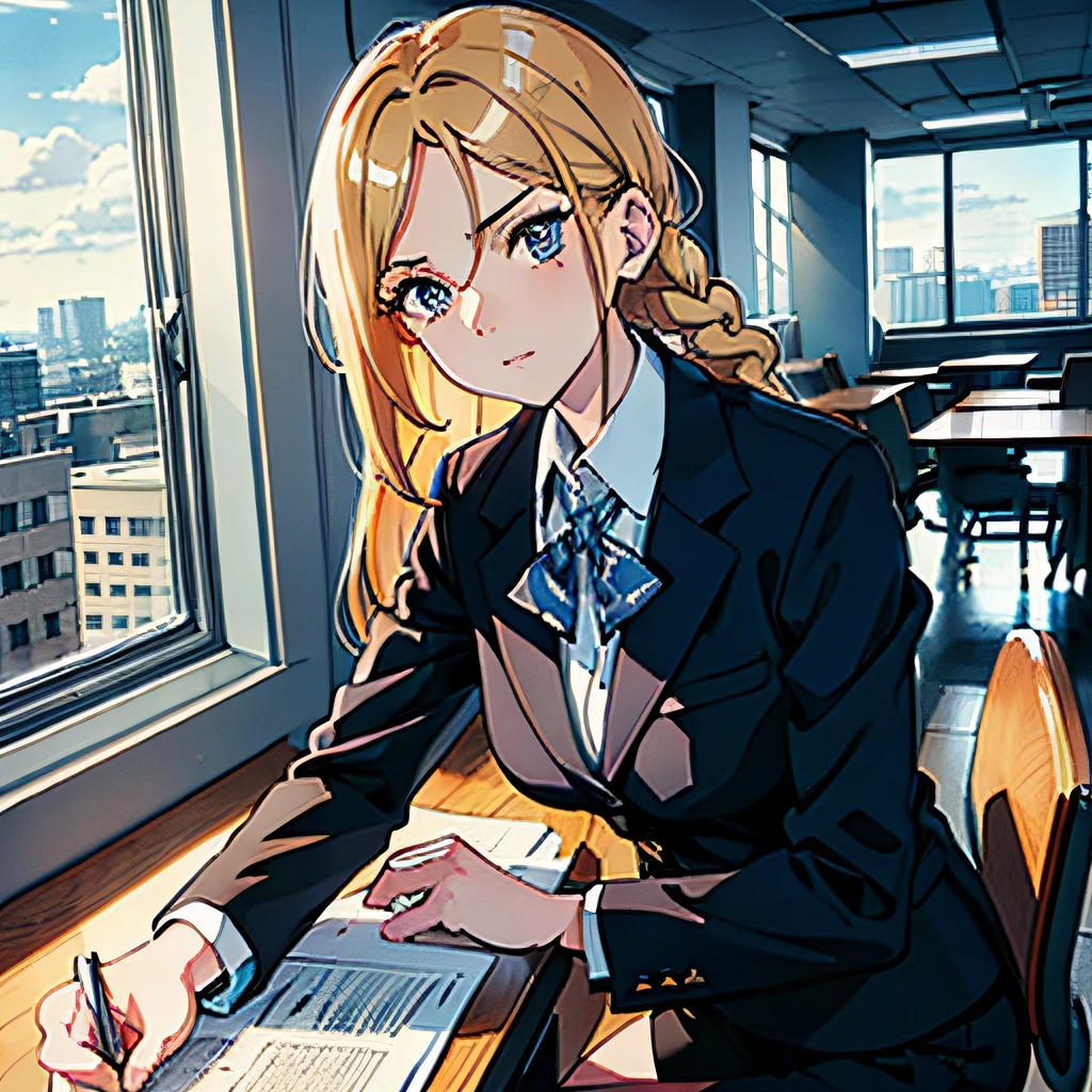 Beautiful anime portrait of a professional woman sitting on her desk and wearing a business jacket and black pencil skirt, 30 years old, long braided sandy blond hair, hazel eyes, serious expression, leaning forward, office, office building, interior, cloudy, ultra detailed, vivid, cell shading, masterpiece, 8k, volumetric lighting, front view, full body view