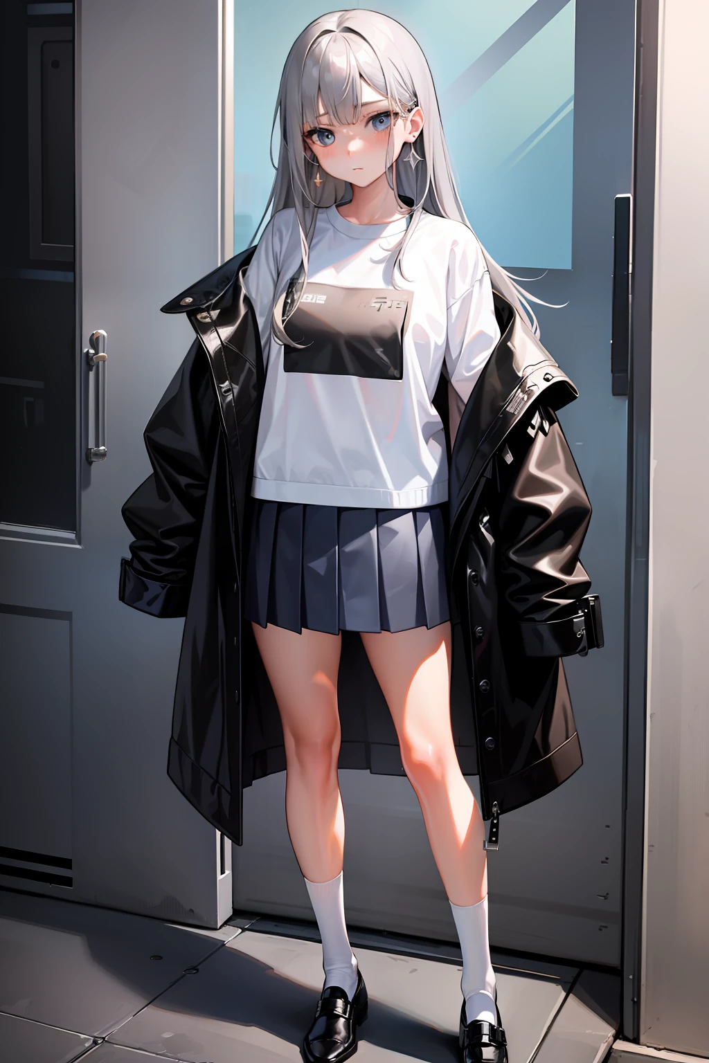 Masterpiece，Best quality，High details，1girll，Girl with long gray hair，Girl wears white shirt, Blue pleated skirt, Black mid-tube socks，Brown leather shoes，Wear earrings，Black coat，The girl is skinny，The girl was lovely，Very short，face expressionless