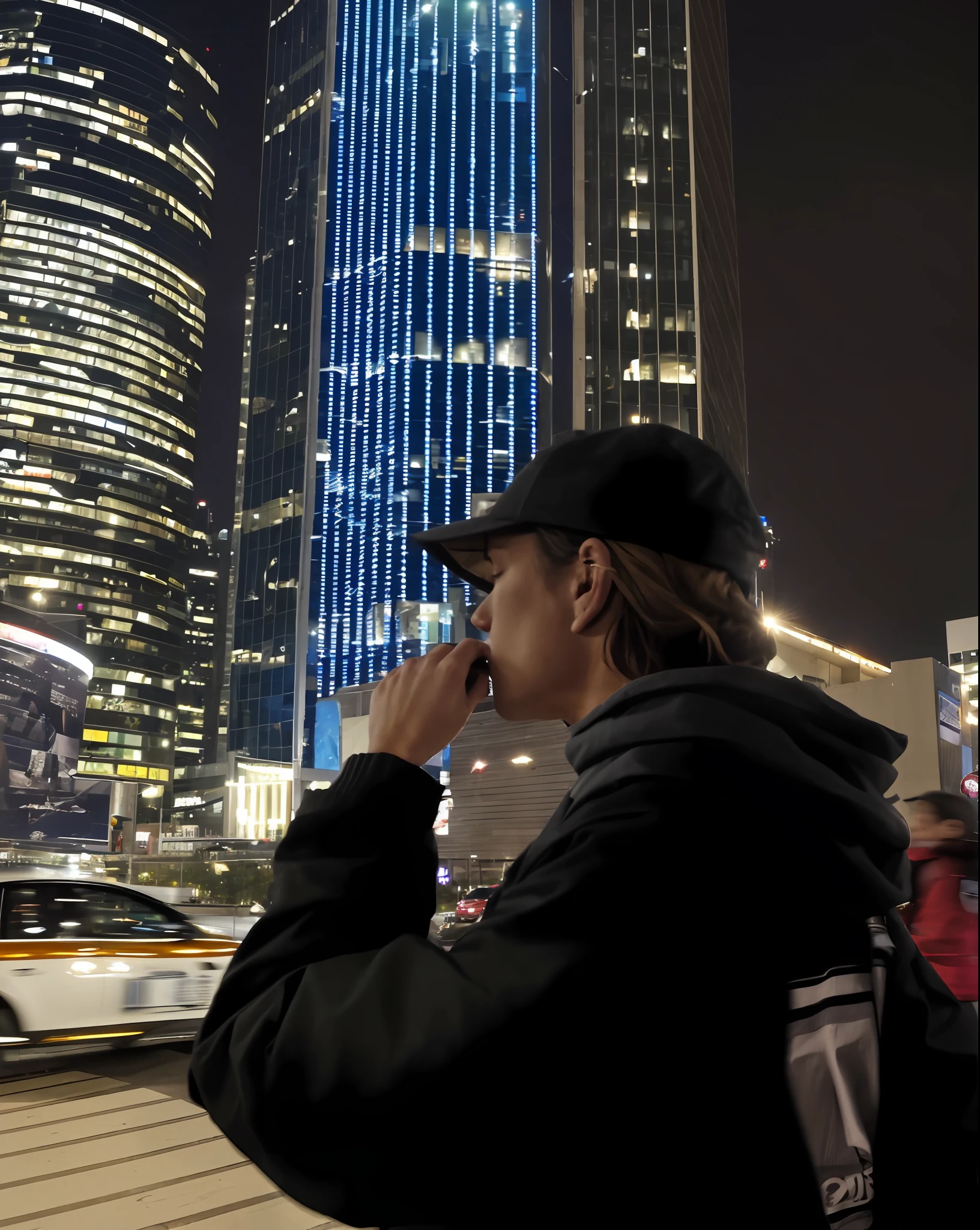 Real photo, night metropolis on the background
