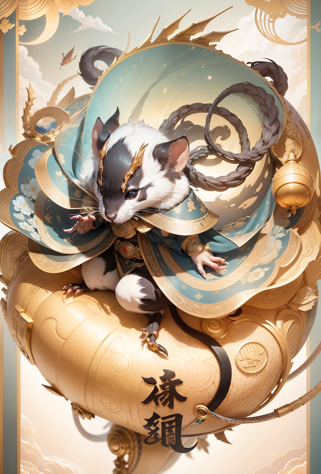 (Extremely detailed 8k wallpapers),复杂,Highly meticulous,Full of drama,Masterpiece, High quality, 4K, Beautiful design, Shiny, From above, (Redshift style:1.1), (analogue style:1.1), Sub-rats,Zodiac rats,ratz,Auspicious clouds,the detail,Clear pattern,Detailed limbs
