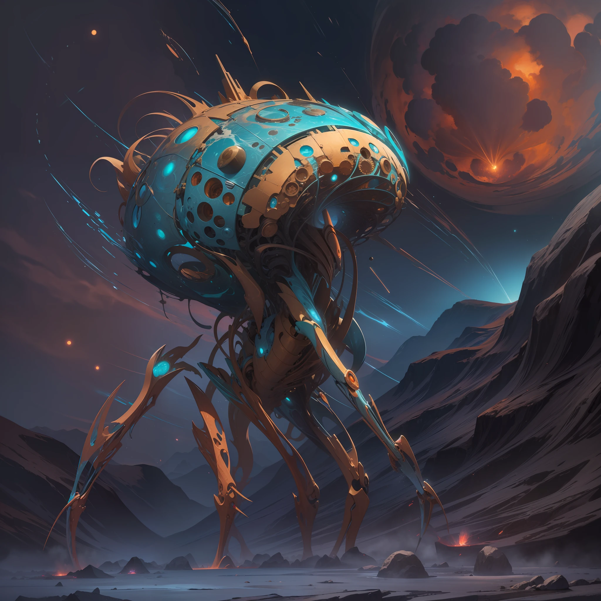"Surrealistic Exploration, Digital Painting, {An alien that has evolved rotating joints, allowing it to quickly adapt and reposition its limbs in changing gravitational pulls. Its skin is layered, with the ability to shed and renew rapidly, protecting against radiation and environmental wear}, Inspired by the Malleability of Play-Doh and Biomechanical Constructs, Back View, Long Shot, (Fantasy Vivid Colors:1.3), (Sharp Focus:1.15), (4K:1.3). Environment: A vast plain on Kepler-23 b, dotted with geothermal vents, releasing bursts of colorful gases."
