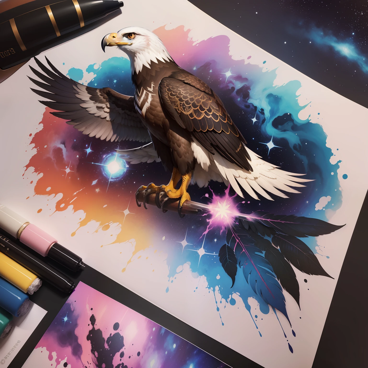 a closeup of an eagle tattoo on the forearm with a galaxy background, cores realistas detalhadas, tatuagem altamente detalhada, com tinta e cor, muito detalhado e colorido, cheio de cores e detalhes ricos, lindo detalhe e cor, altamente detalhado e colorido, realismo super intrincado, Coloridos!! altamente detalhado, tatuagens neotradicionais, Estilo de tatuagem, estilo de tinta, tatuagem realismo, obra-prima realista detalhada