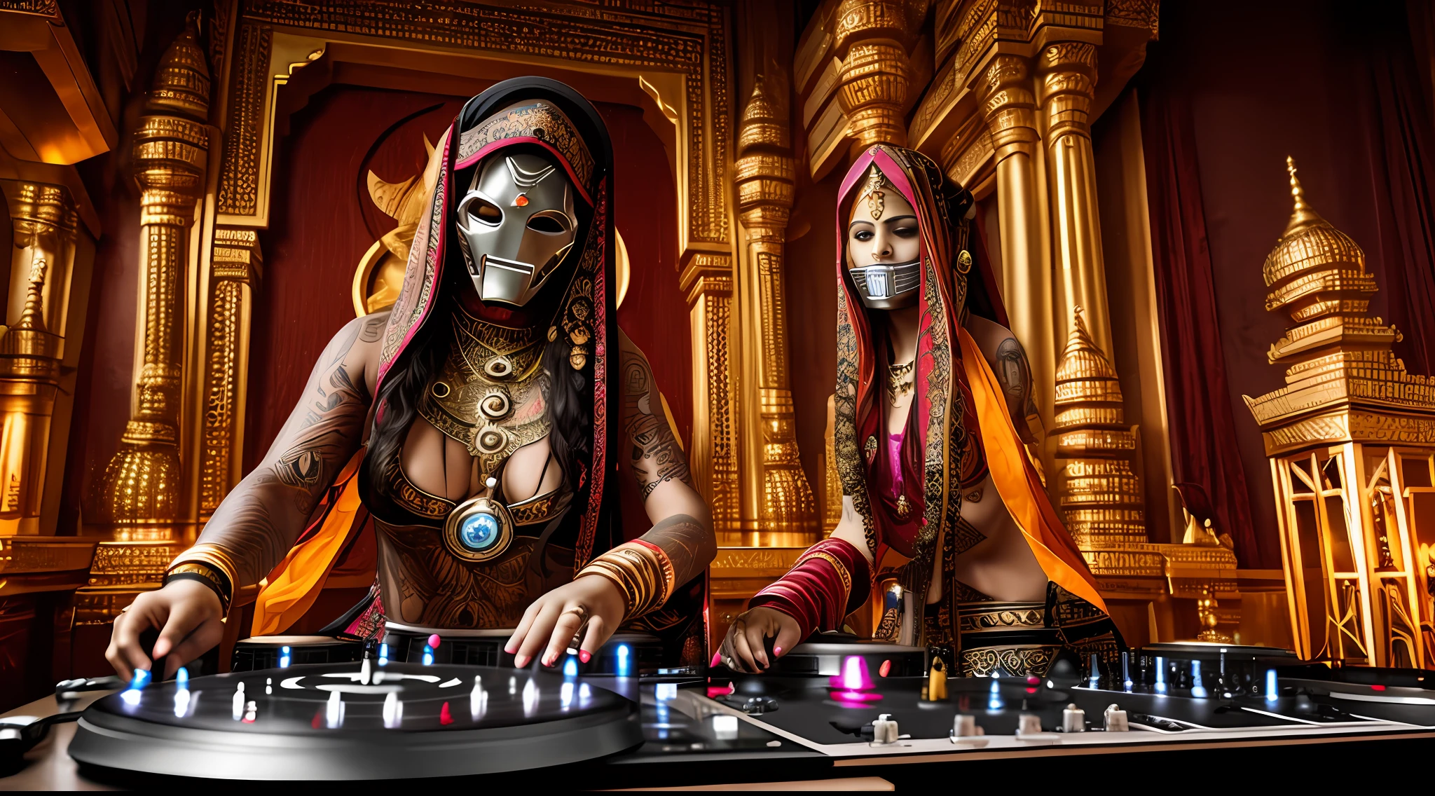 Tantric priestess with tattoos and percings and an ironman mask mixing music on a DJ turntable at a Hindu temple Ultra-realistic photo -- --auto