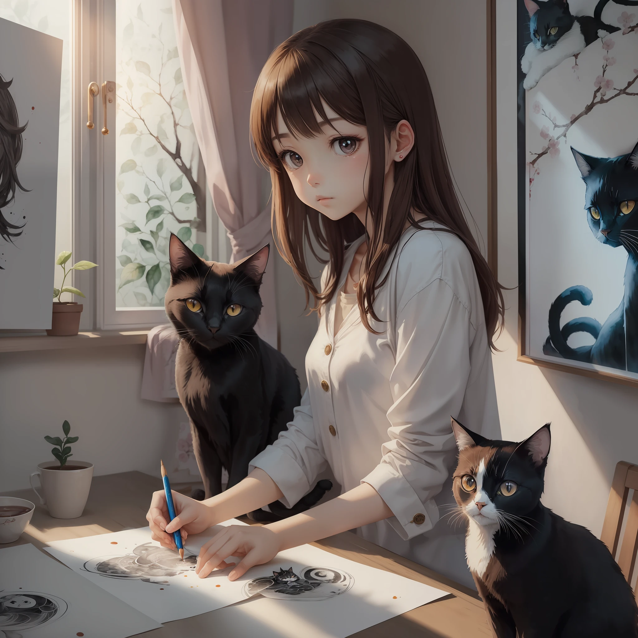 the anime, watercolour, Chinese, painting, artstyle, (Room Background: 1.4), Original, (illustartion: 1.1), (Best Quality), (Masterpiece: 1.1), (Color: 0.9), (Medium Lens: 1.4), upper-body, Crisp and crisp focus, interior, looking at the viewer, ((Beautiful)), beatiful face, brown hair, Black Eyes, Drawing, Black Cat, Posters on the wall, Girl draws with her left hand --auto