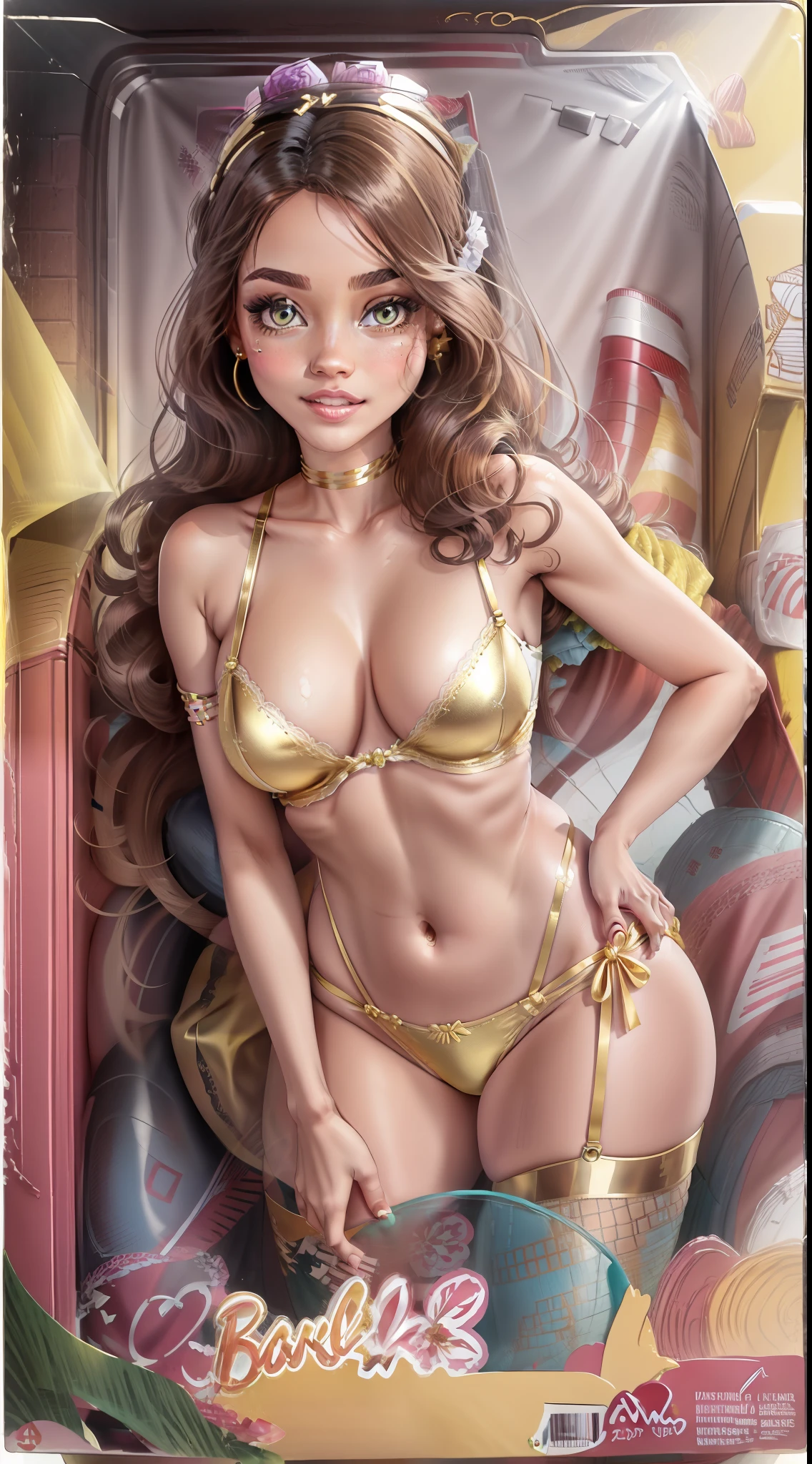 inboxDollPlaySetQuiron style, [ebony woman, BelleWaifu, Belle Cosplay, (long afro curly hair), (jade eyes, hair flower, hair ornament), (flawless face), cute face, chubby face, sunburnt ebony skin, detailed (wrinkles, blemishes!, folds!, moles, viens, pores!!, skin imperfections:1.1), (wearing sexy denim lingerie set details:1.25), (Vibrant yellow gold silk wraps around your body, double layered to ensure the softness of yellow gold silk against your skin, with a central panel of glittering metallic yellow French lace to bring that extra touch of extravagance. Wide silk covered straps are finished with strong red toned clasps and adjusters, adorned with hand cut ribbons, to hold your stockings up firmly without compromising on glamour. Add the matching yellow gold silk full cup bra and either tap white pants for a complete vintage-inspired look, or skirted gold lace thong, plus the spectacular all-over yellow gold lace robe for the complete look.), fishnet white cuban stocking, highly detailed glossy eyes, (looking at the camera), detailed skin pores, oiled skin, tan, intricate eye detail, capelet, (big cheeks), natural breasts_d, unbalanced breasts, (cleavage)], gift box, playset, in a box, full body, toy playset pack, in a gift box, premium playset toy box