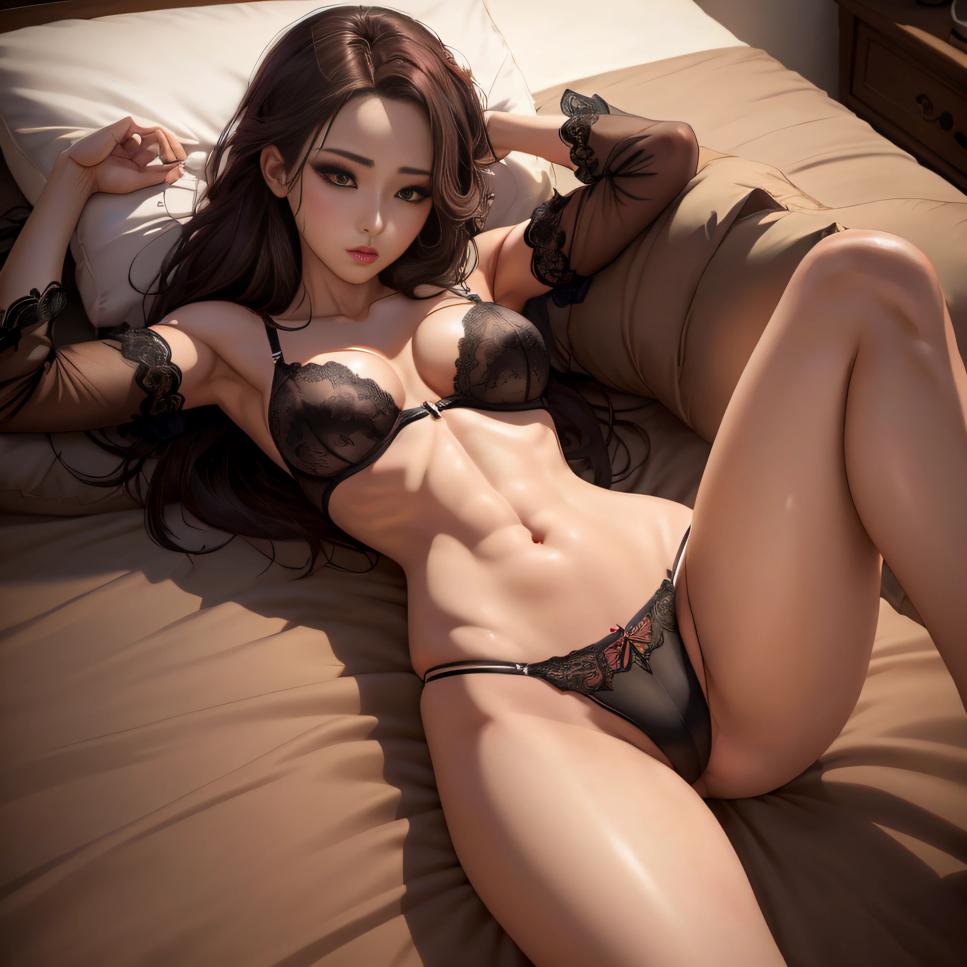 araffe woman in lingerie laying on a bed with a pillow, seductive anime girl, beautiful alluring anime woman, sexy girl, photorealistic perfect body, sexy pose, photorealistic anime girl render, sexy body, ig model | artgerm, realistic shaded perfect body, wlop glossy skin, sultry body with sexy belly, trending on cgstation