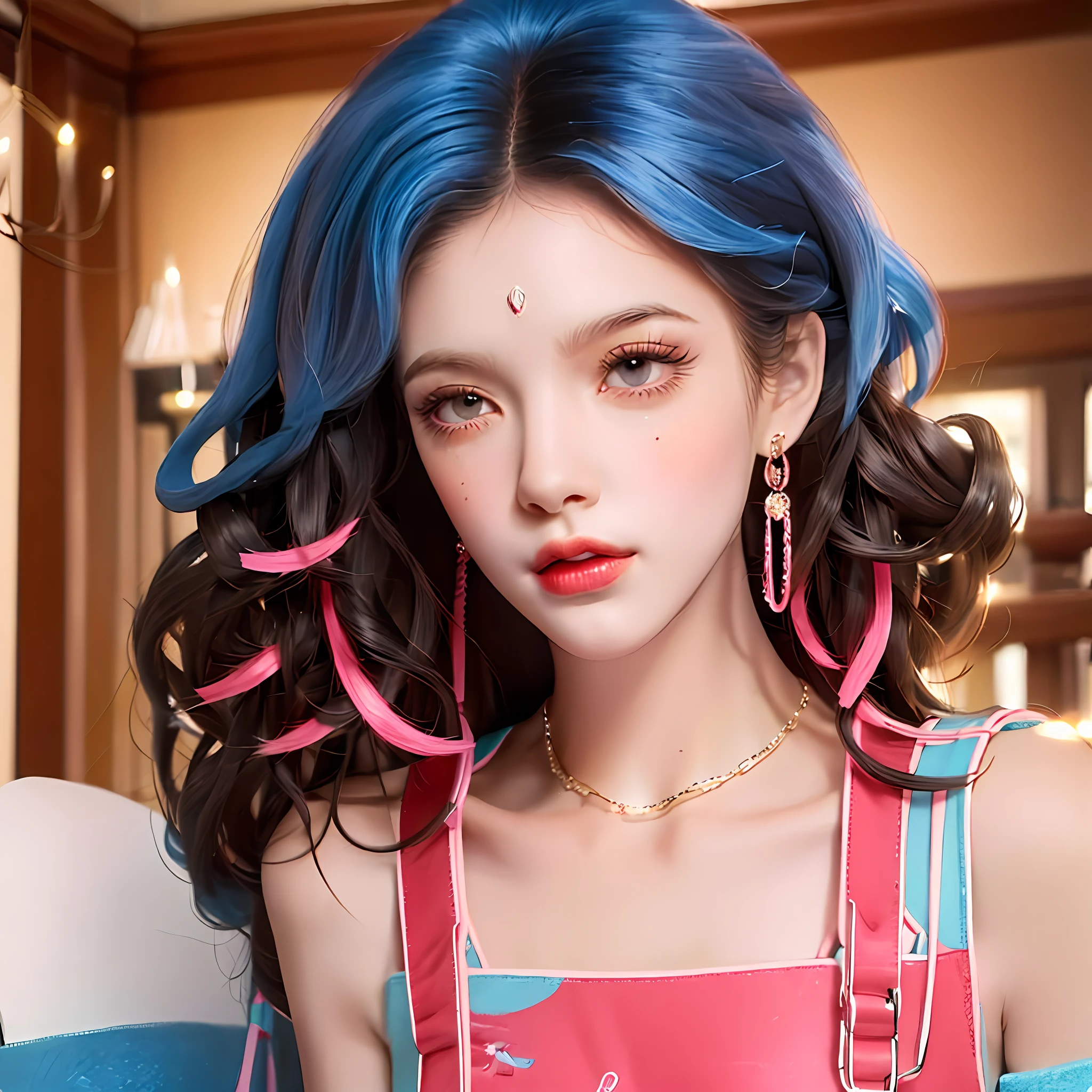 Curly long hair blue and pink, short red frock, cute, hot face shape , 8 k, high details, illustrate, realistic, masterpeace, black boot , --auto