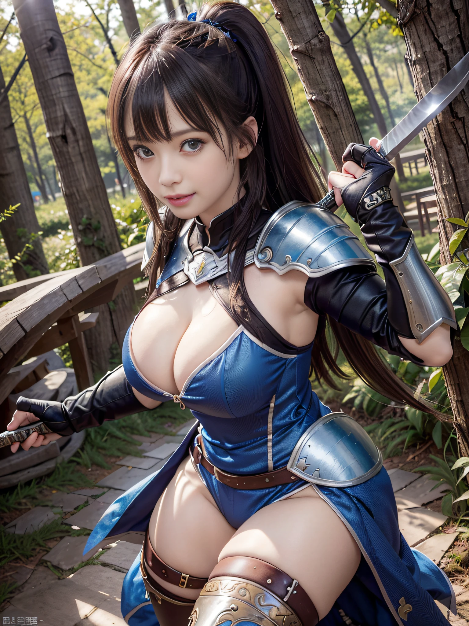 masterpiece、(top-quality:1.32), nffsw、( 超A high resolution: 1.3), (CG Unity 8k wallpapers:1.2), (Detailed eyes and skin:1.35), (detailed facial features:1.25), (Detailed eyes:1.36), precise and perfect human body structure, (Textured skin: 1.26), (Photorealistic Raw Photos: 1.27),
awardwinning photo, depth of fields, Shading by sunlight、
Show white teeth and smile, cleavage of the breast, large full breasts, Attractive thighs, abdominals,
(poneyTail: 1.47), Brown hair, (Blue eyes: 1.28), thick bangs, Blue Ribbon,
((Western armor:1.2)), Spear in hand, Multiple males attacking, Female Warrior Wielding Weapon, combat scene, battle field,