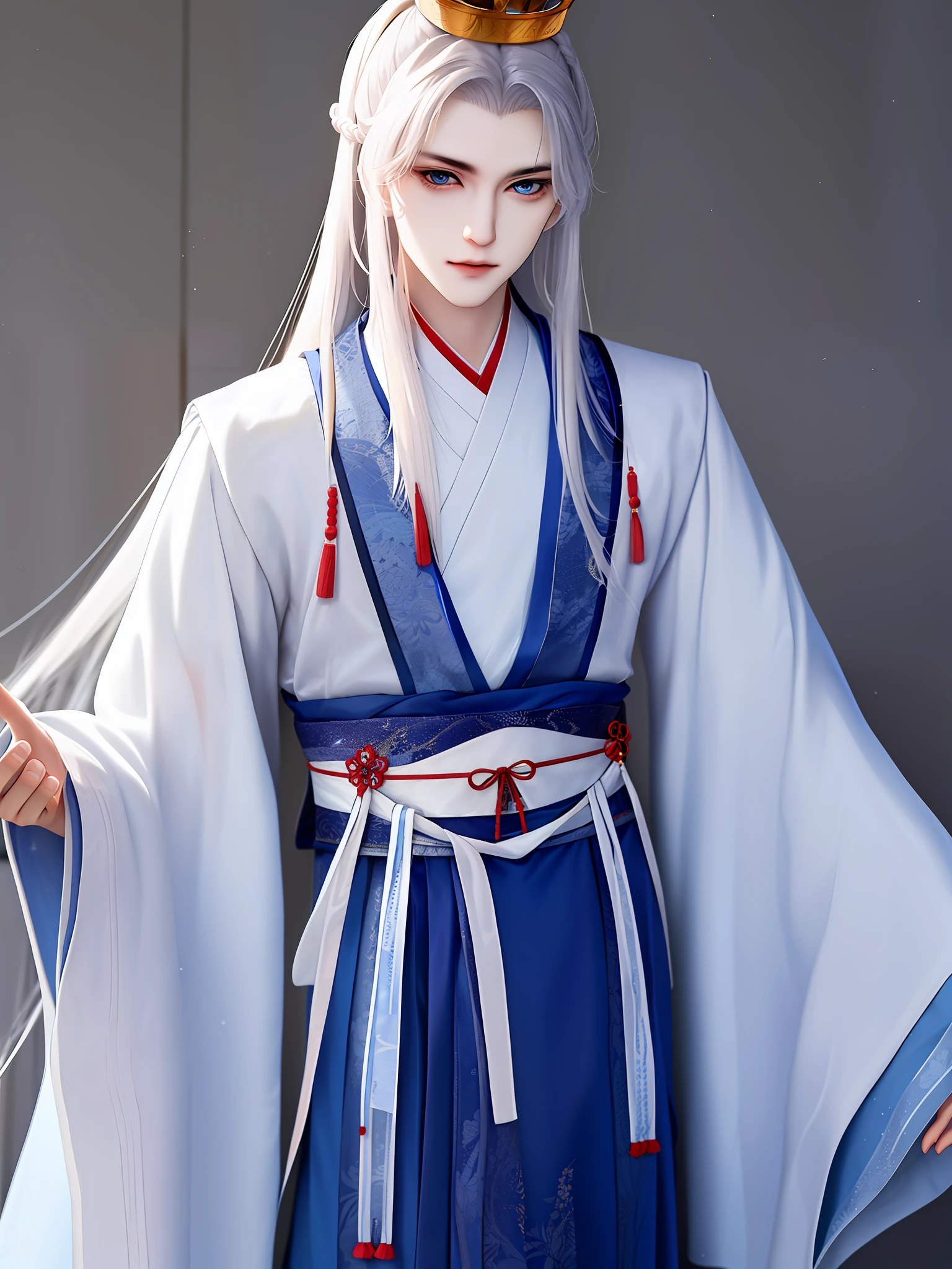 Best quality at best，tmasterpiece，very detailed wallpaper，long whitr hair，1boy，whaite hair，独奏，hair adornments，eBlue eyes，Hanfu，Hand fan，Hanfu，Take it，The long-sleeved boy was dressed in a blue shirt and white clothes，The crown of hair falls down the waist，Posture，Personable，It's like a Confucian immortal。