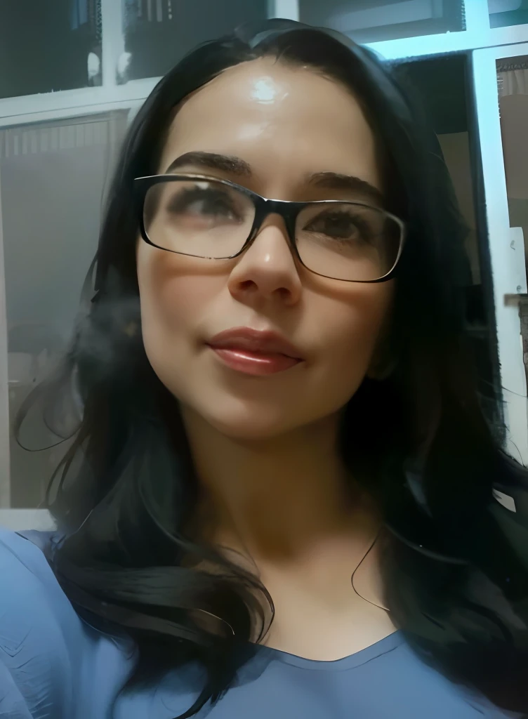 there is a woman with glasses and a blue shirt taking a selfie, Parece Fabiula Nascimento, imagem frontal, inspirado em Maria Helena Vieira da Silva, com cabelo preto liso, wavy long black hair and glasses, Alanis Guillen, foto selfie, Estefania Villegas Burgos, Directed by: Herbert MacNair, Por Reyna Rochin