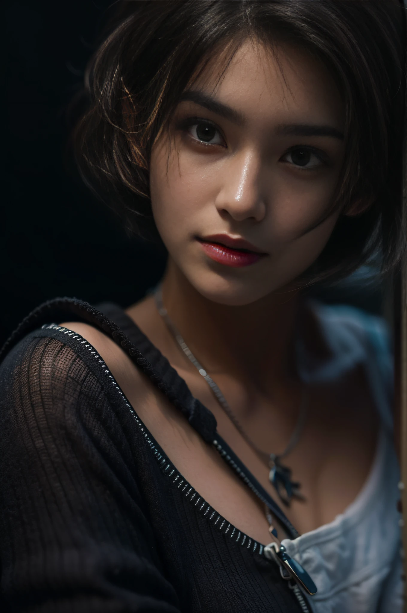 Best quality, masterpiece, ultra high res, (photorealistic:1.5), raw photo, 1girl, offshoulder, in the dark, deep shadow, low key, cold light, sexy look, short hair,